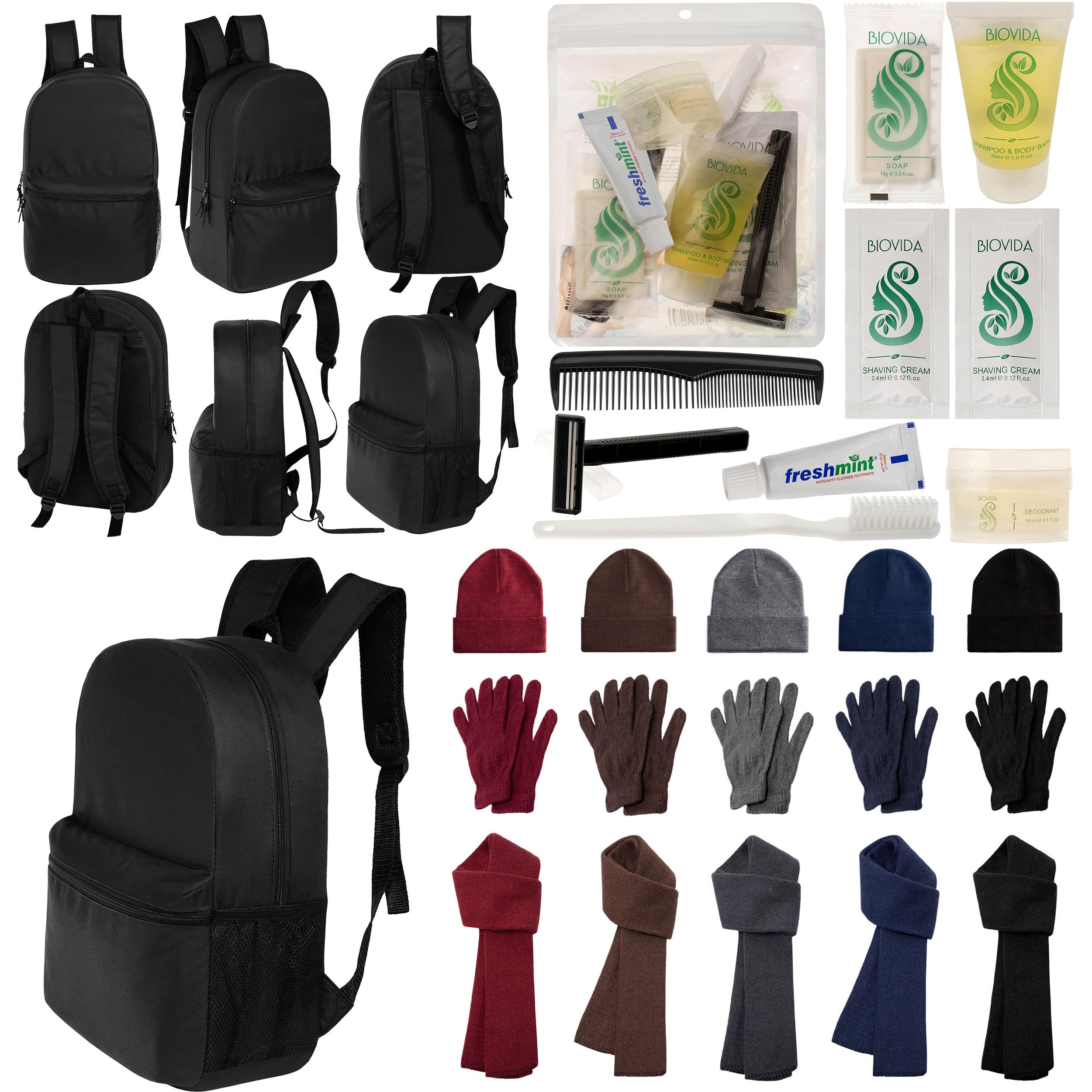 12 Black 18.5" Large Backpacks, 12 Winter Item Sets & Your Choice of 12 Bulk Hygiene Kits - Wholesale Homeless Care Package