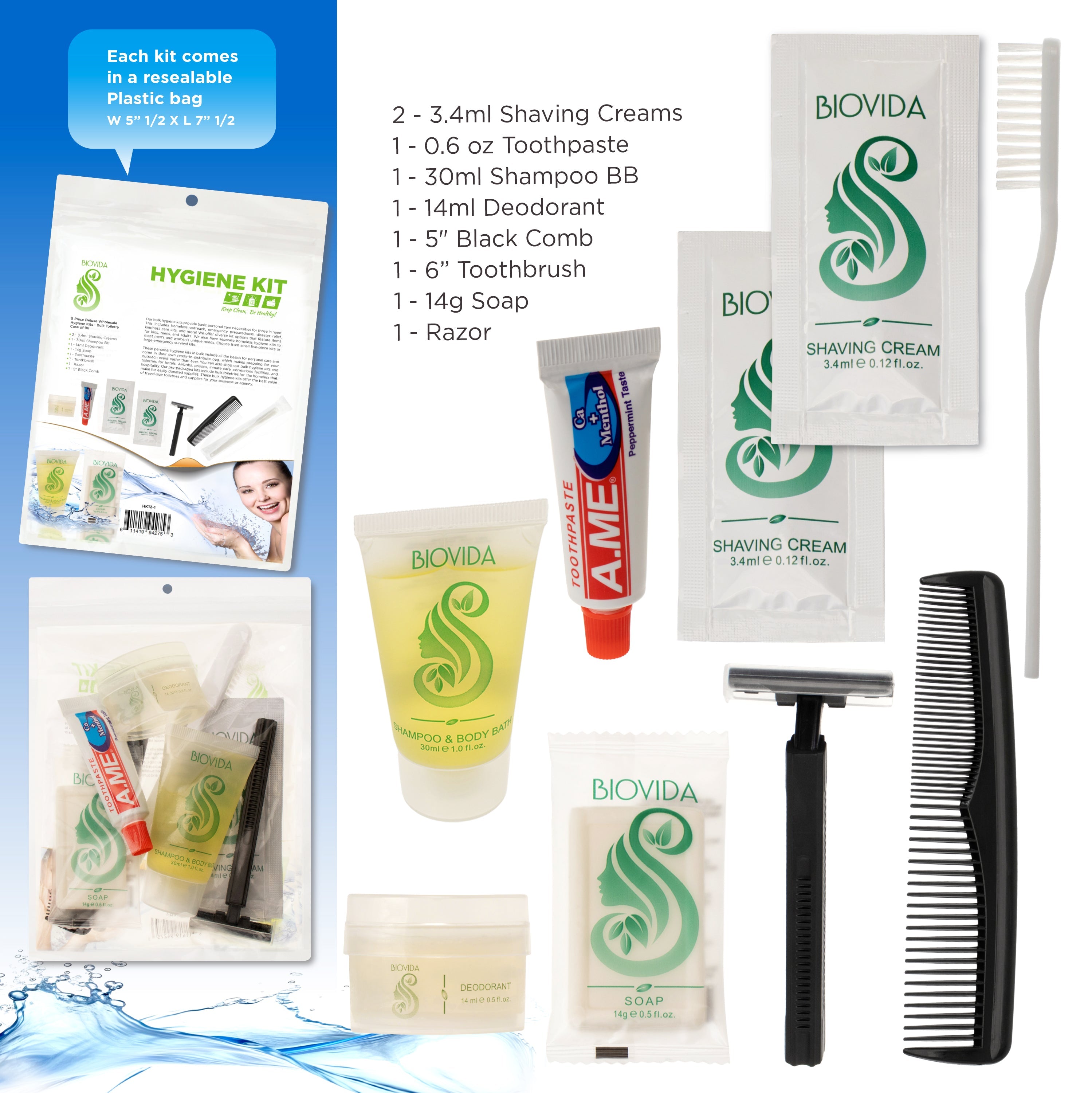 9 Piece Deluxe Wholesale Hygiene Kits - Bulk Toiletry Case of 96 Biovida