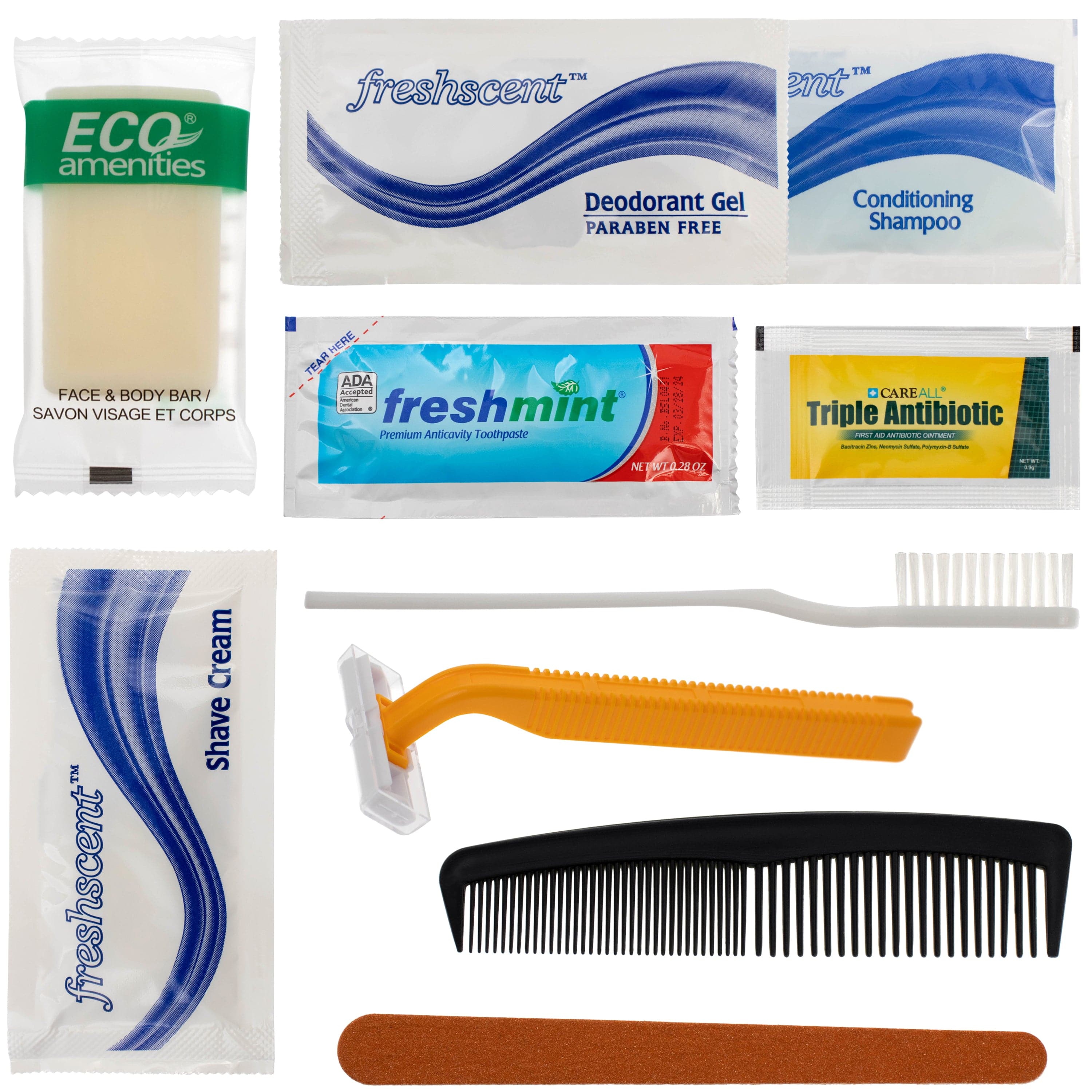 10 Piece Deluxe Wholesale Hygiene Kits - Travel Toiletry Supplies - Bulk Case of 96