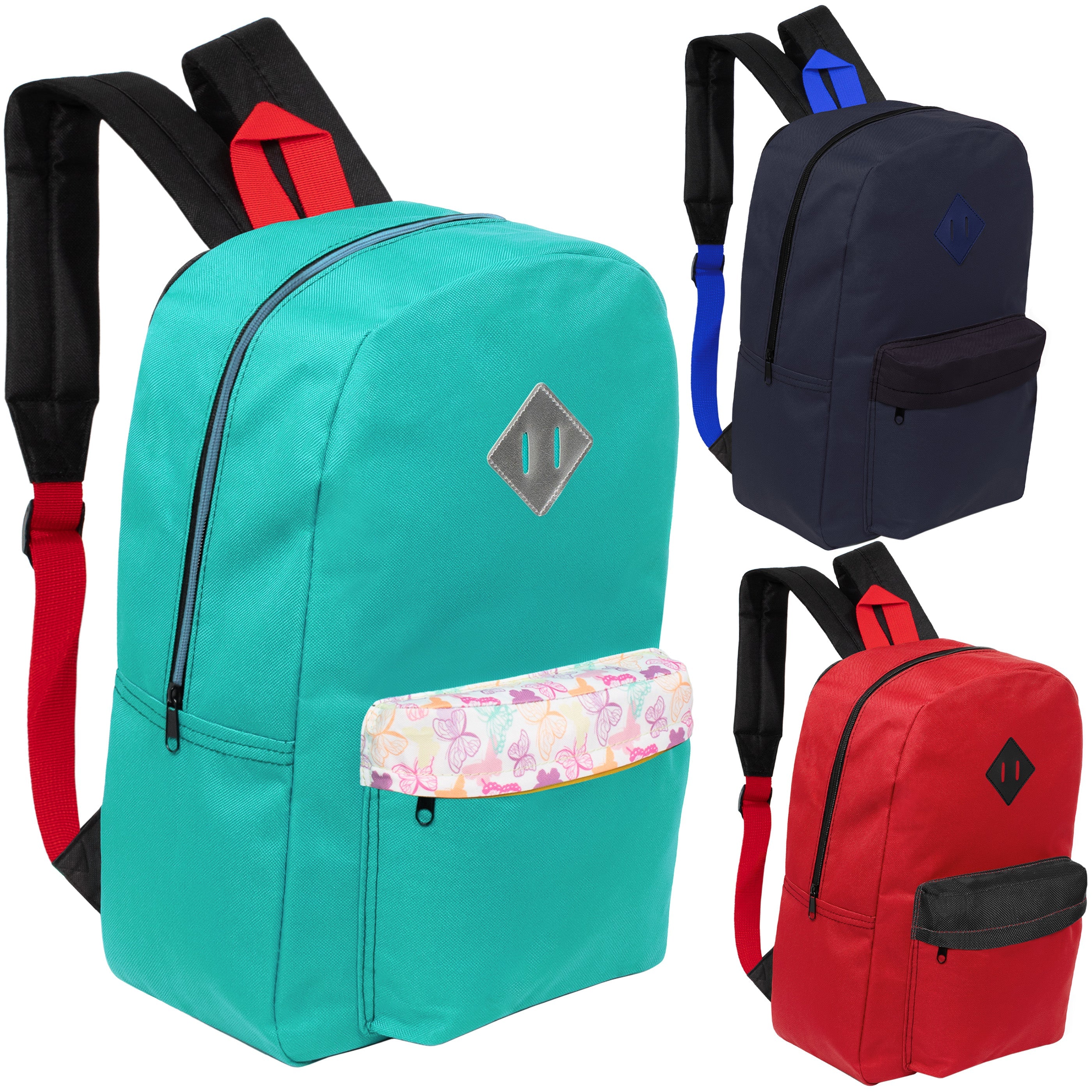 17" Multi Color Basic Wholesale Backpacks - Diamond Patch & Padded Back - Bulk Case of 24