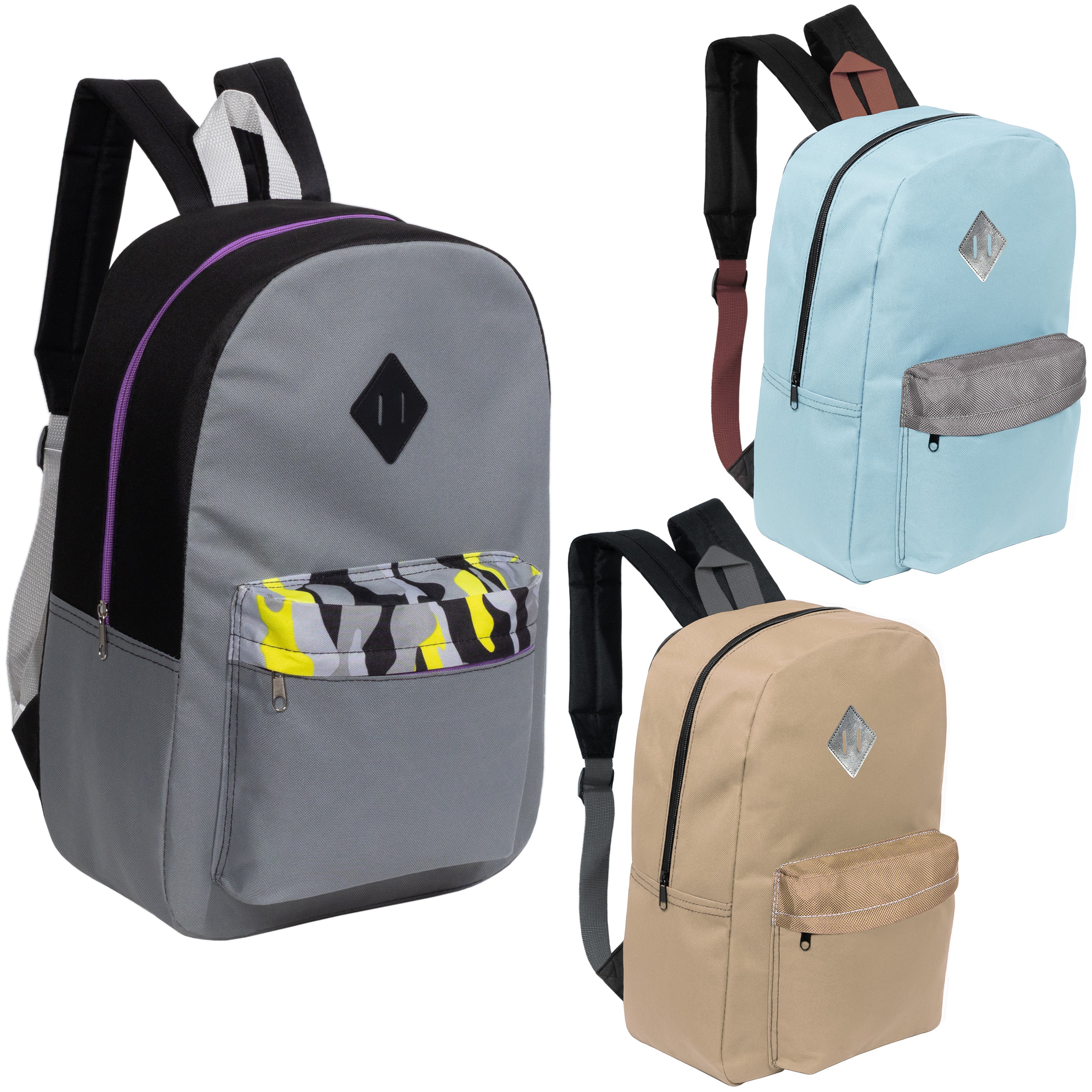 17" Padded Back Kids Wholesale Backpacks with a Diamond Patch in 3 Colors - Bulk Case of 24