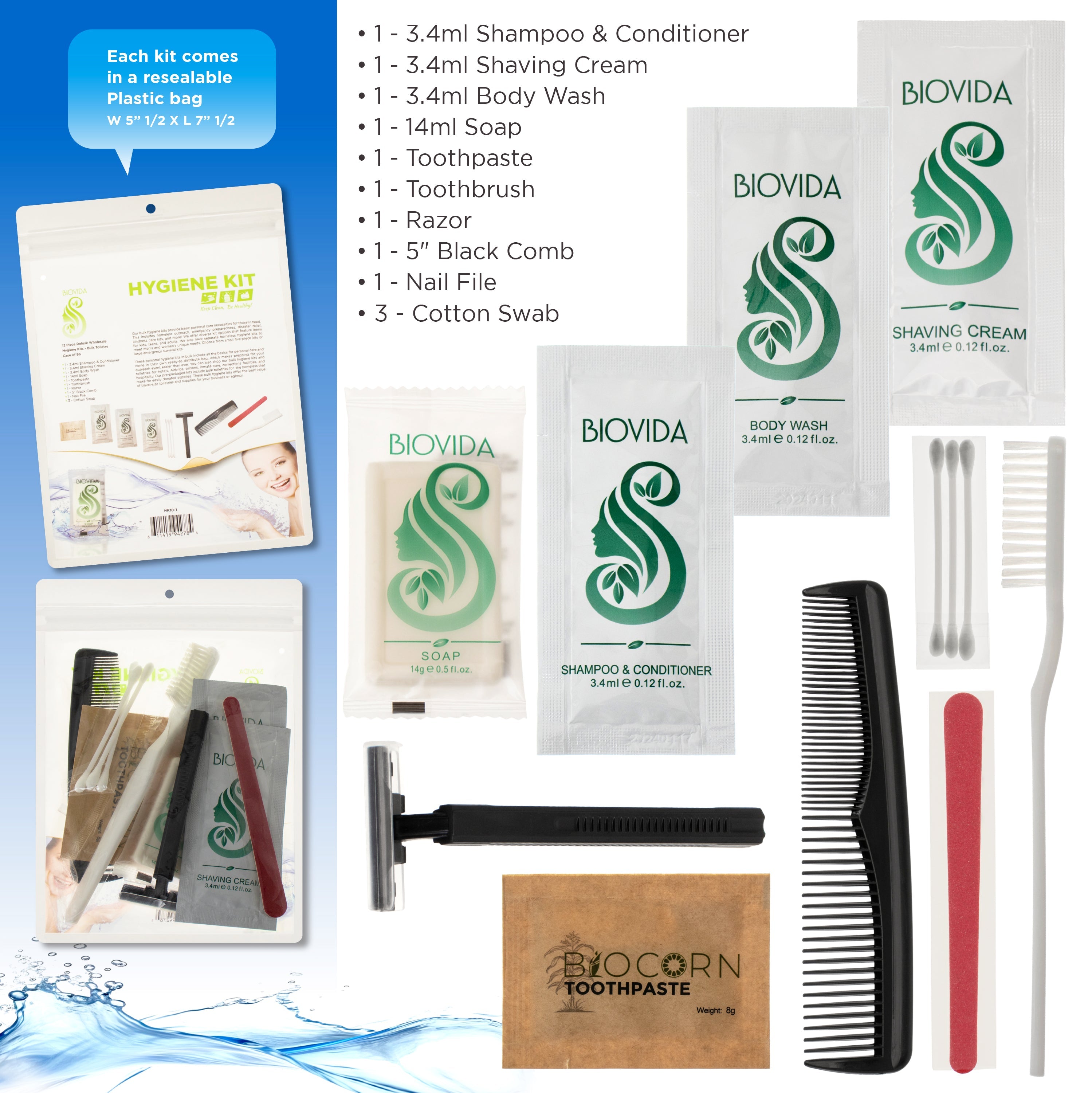 12 Piece Wholesale Hygiene Kits - Travel Toiletry Supplies - Bulk of Case of 96