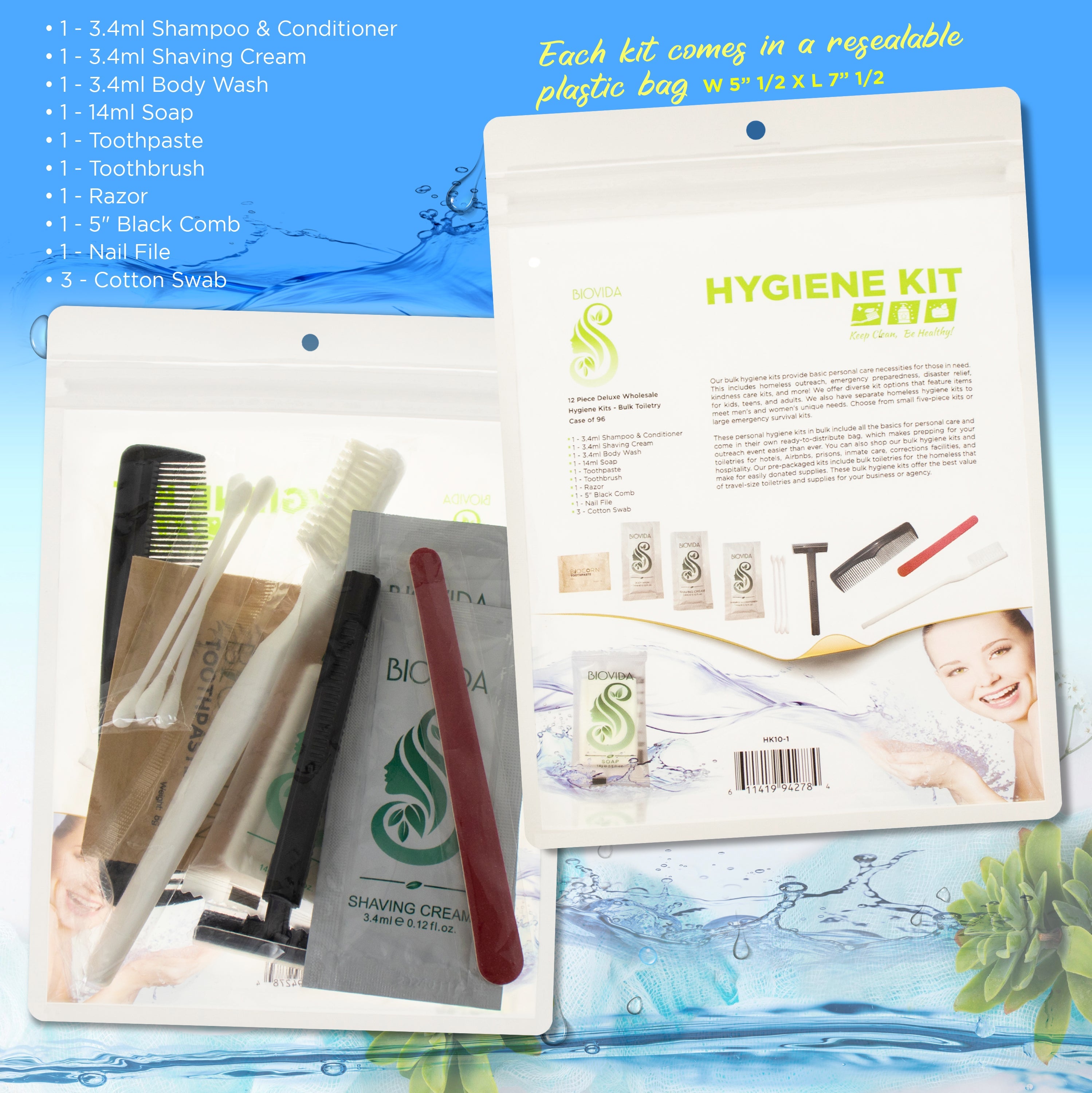 12 Piece Wholesale Hygiene Kits - Travel Toiletry Supplies - Bulk of Case of 96