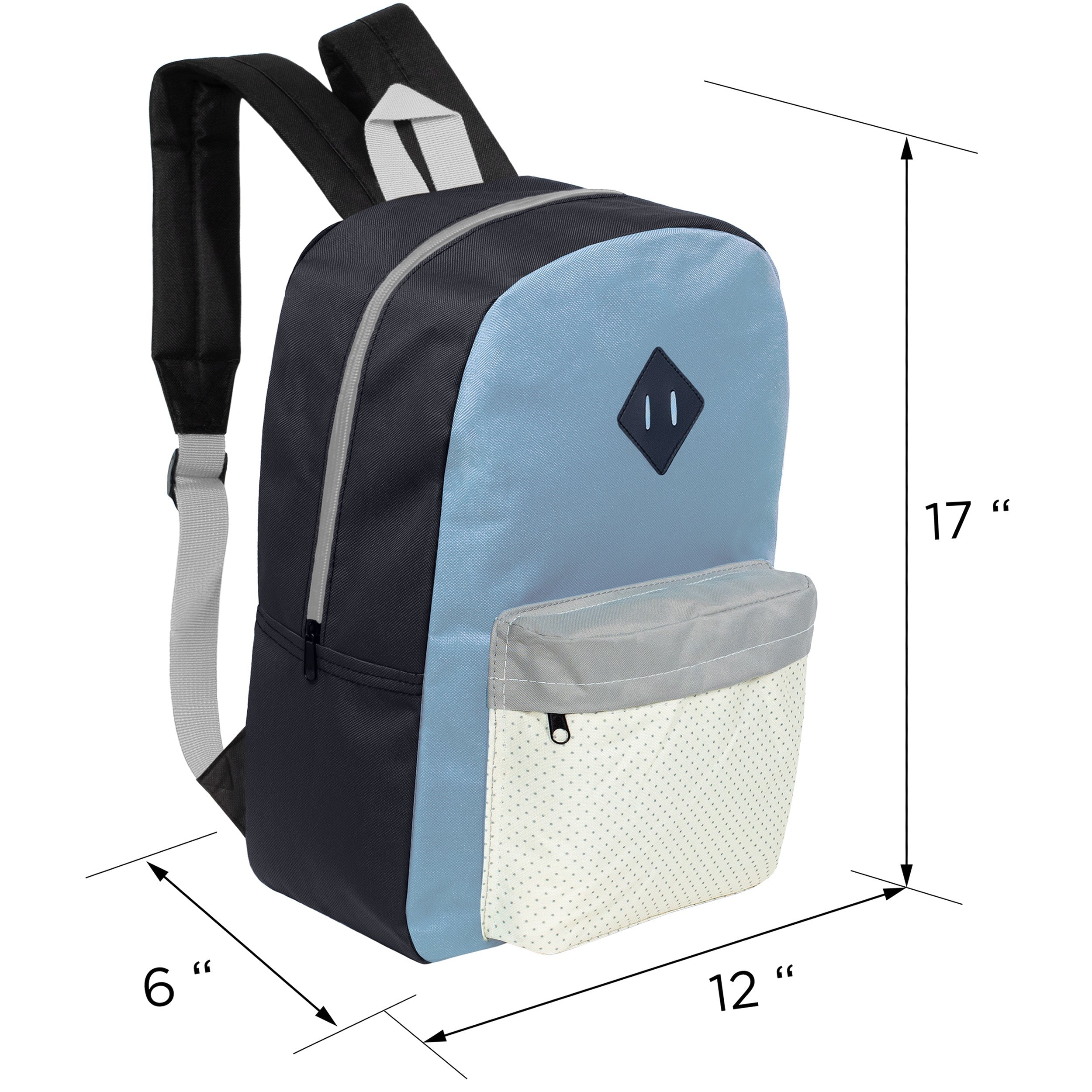 12 Wholesale 17" Padded Backpacks in 5 Prints / Colors & 12 Bulk School Supply Kits of Your Choice