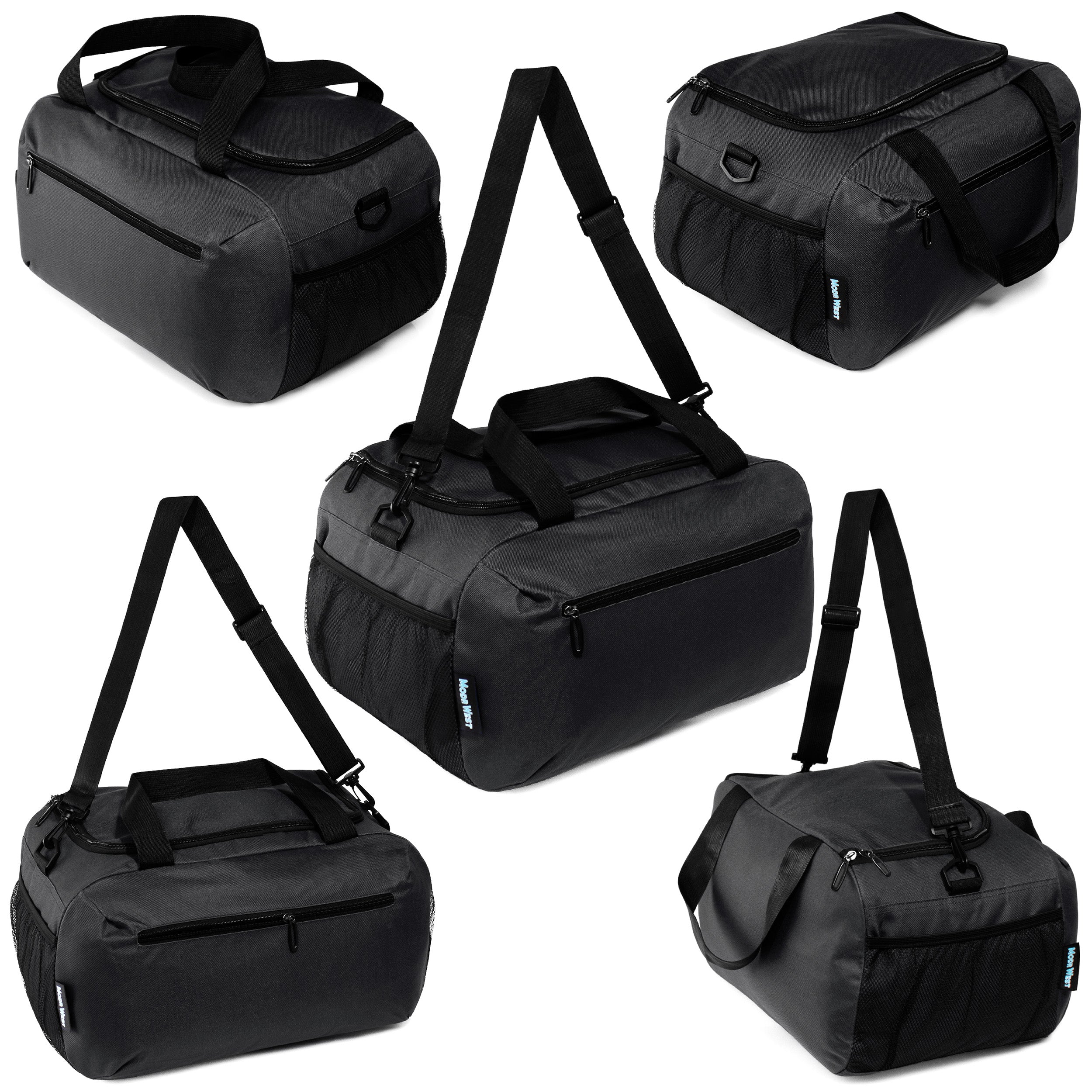 18" Wholesale Duffel Bag in Black with 2 Compartments & Mesh Side Pockets - Bulk Case of 24