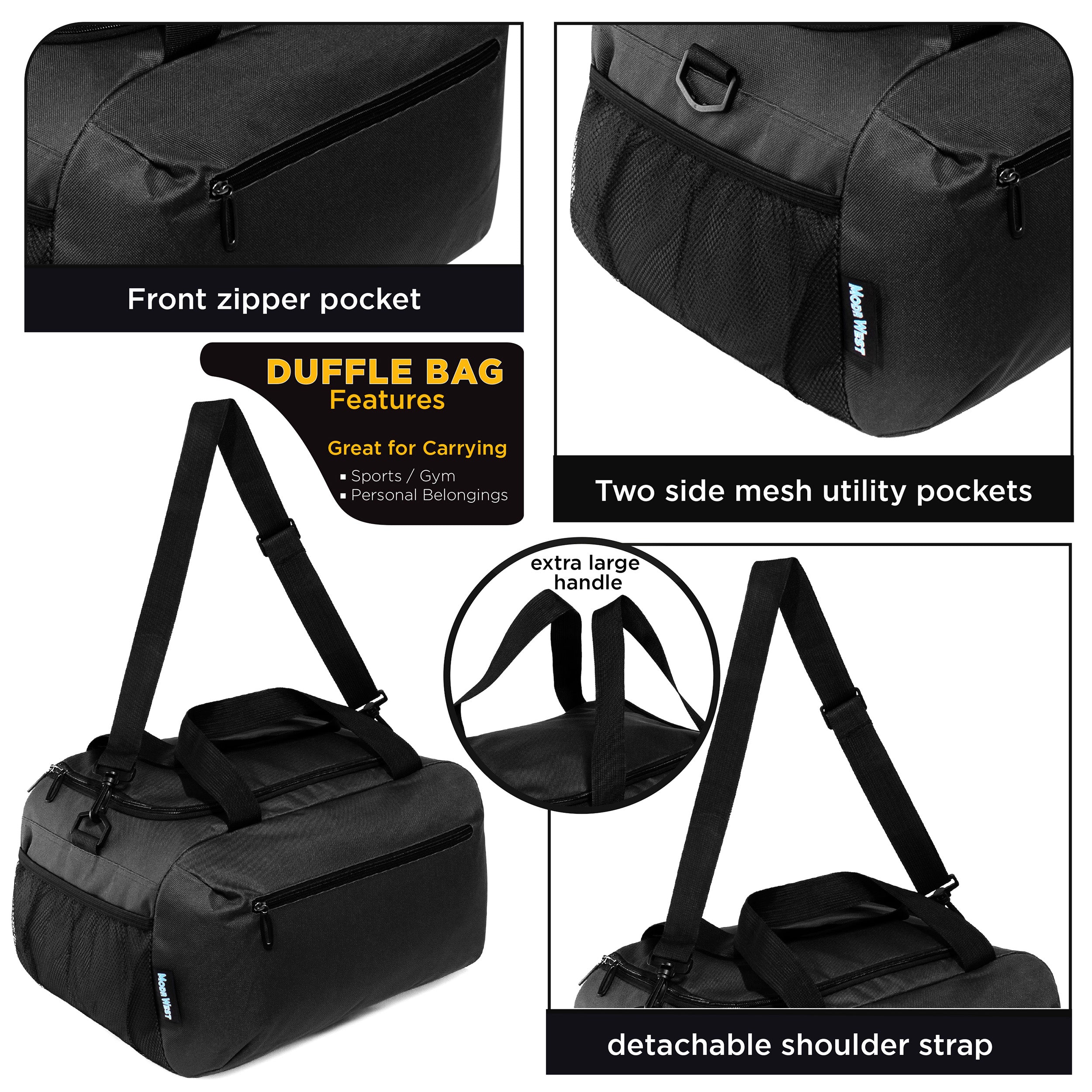 21" Black Wholesale Duffle Bag with 2 Storage Areas & Mesh Side Pockets - Bulk Case of 12