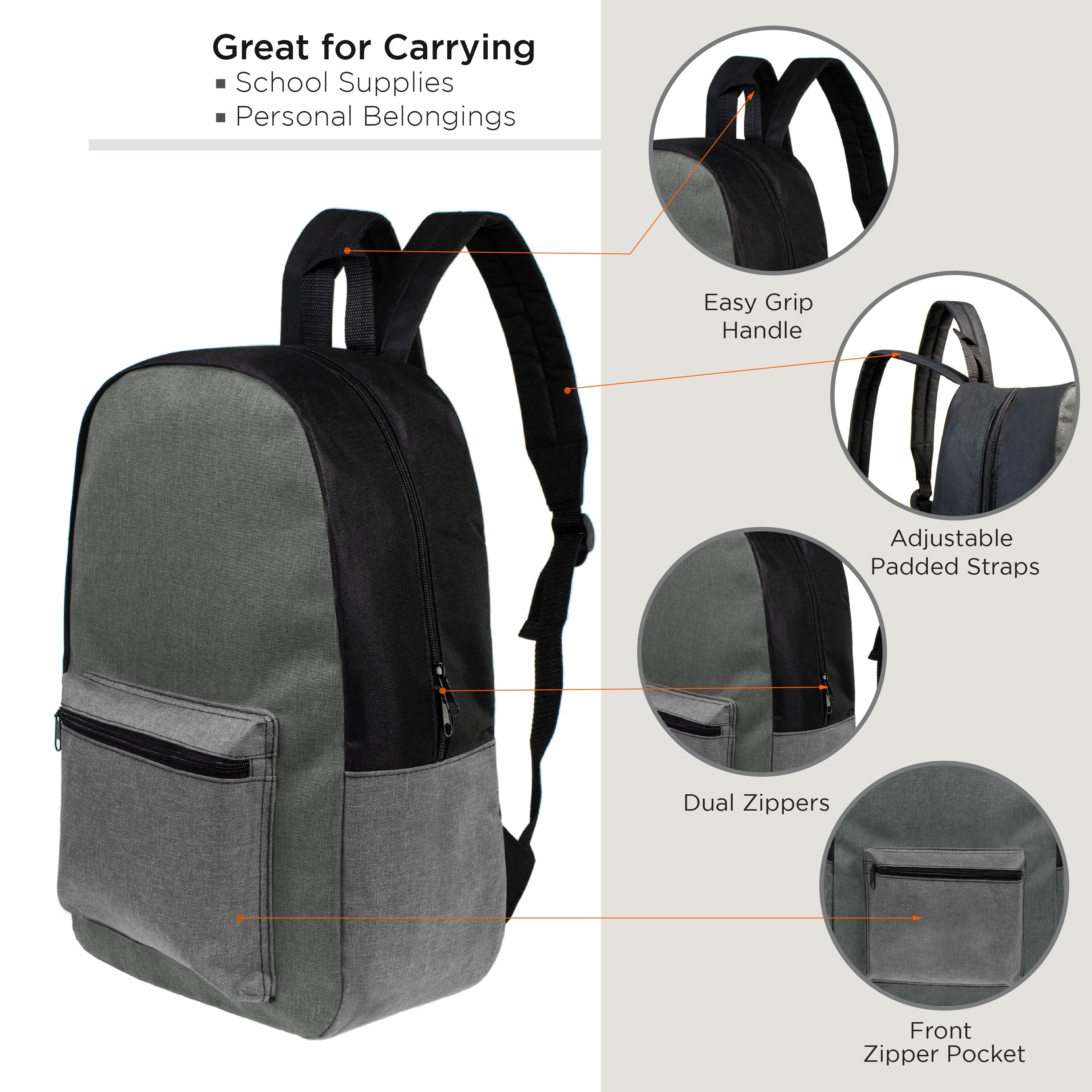 17" Kids Basic Wholesale Backpack in Assorted 4 Colors - Bulk Case of 24 Bookbags
