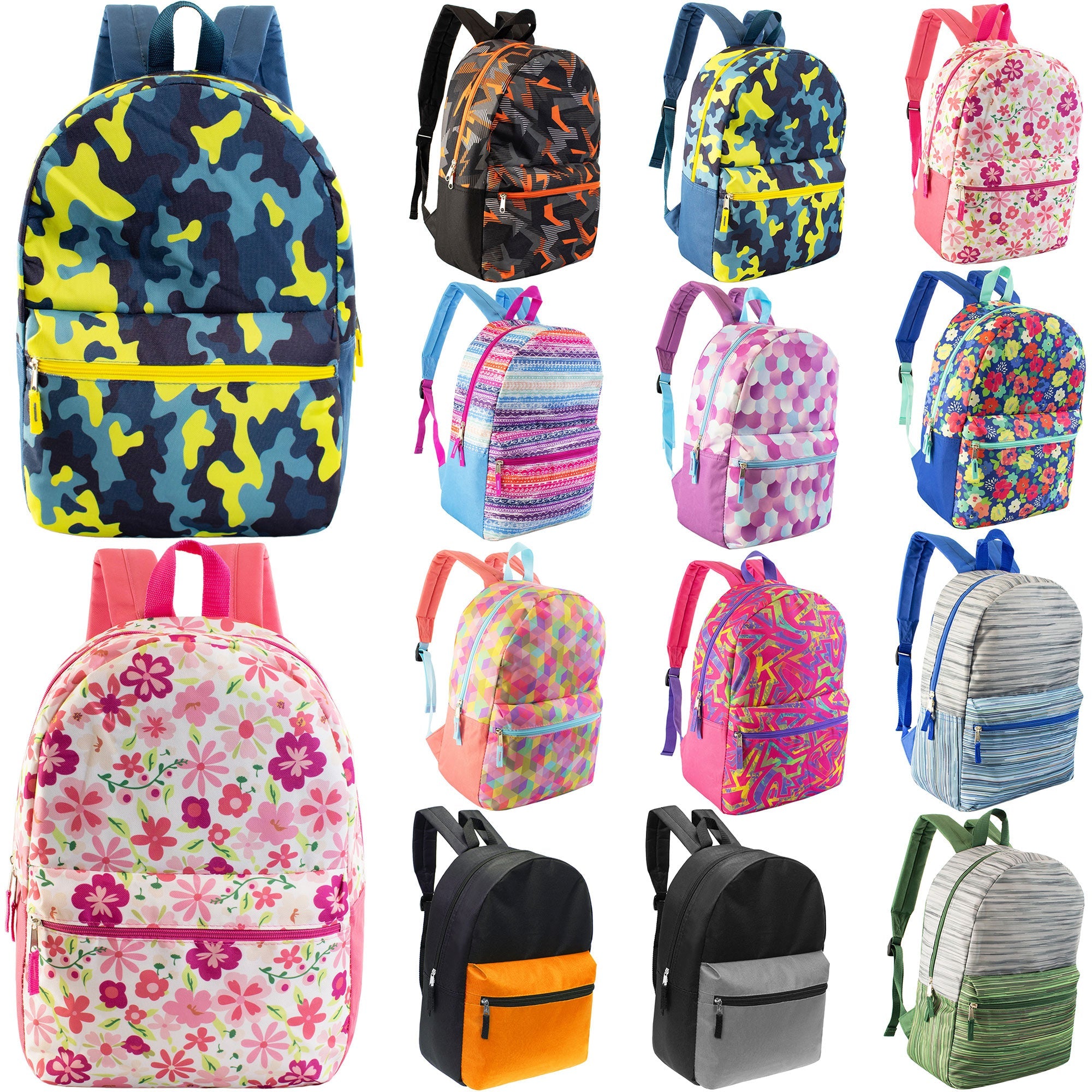 17" Patterned Wholesale Backpacks In 12 Assorted Prints - Bulk Case Of 24 Bookbags