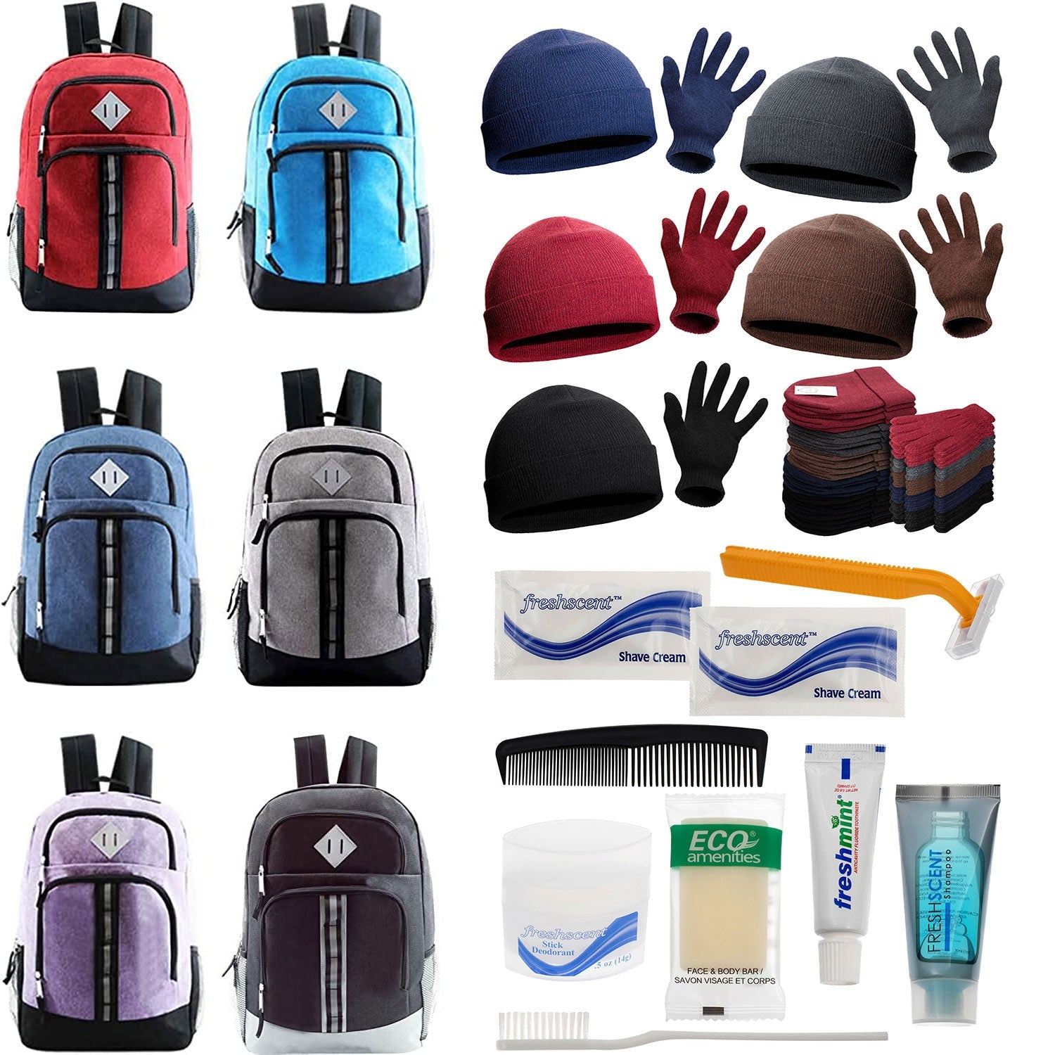 Bulk Case of 12 Backpacks and 12 Winter Item Sets and 12 Hygiene Kits - Wholesale Care Package - Emergencies, Homeless, Charity
