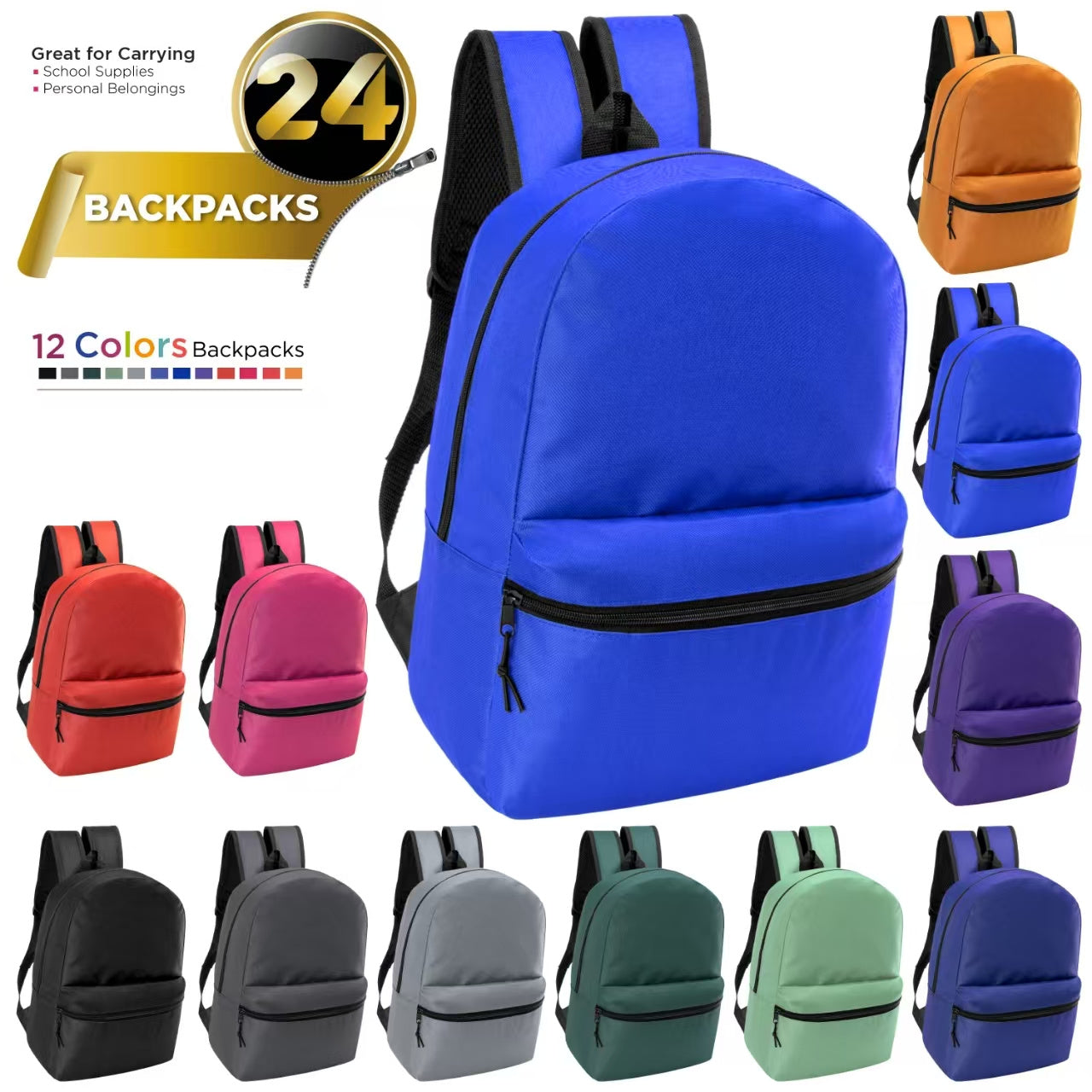 24 Pack- Classic 17 Inch Backpacks in Bulk Wholesale Back Packs for Boys and Girls Elementary, Middle, and High School Students (Assorted 12 Colors Pack)