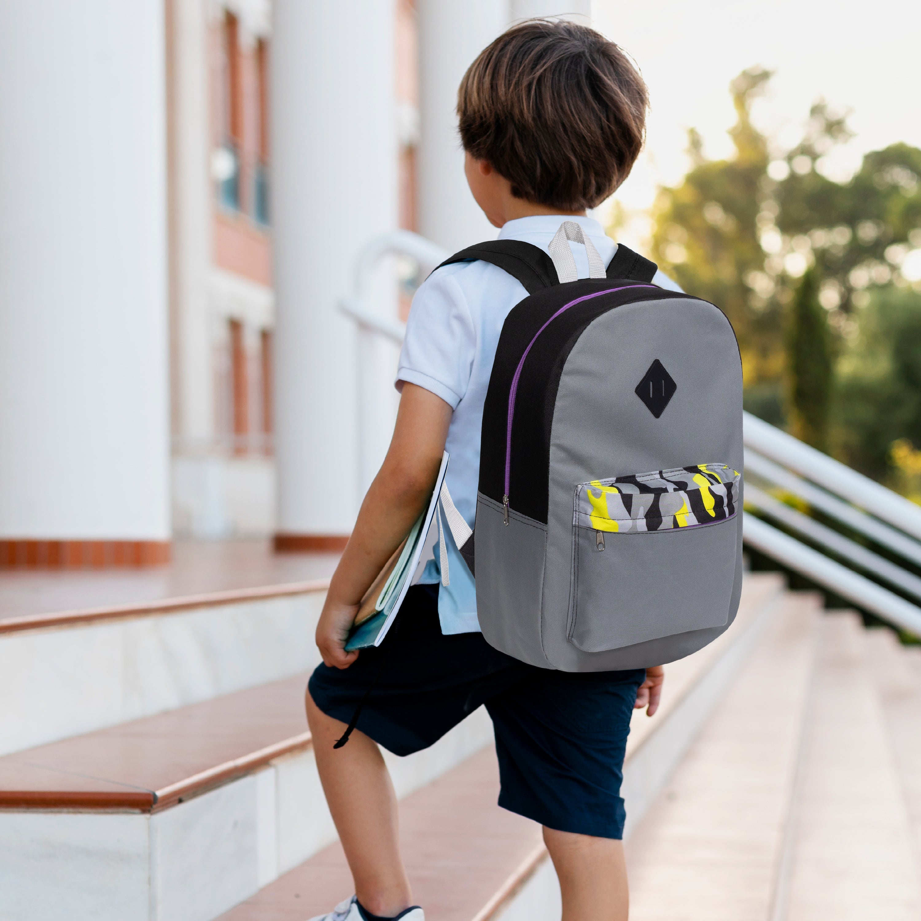 17" Padded Back Kids Wholesale Backpacks with a Diamond Patch in 3 Colors - Bulk Case of 24