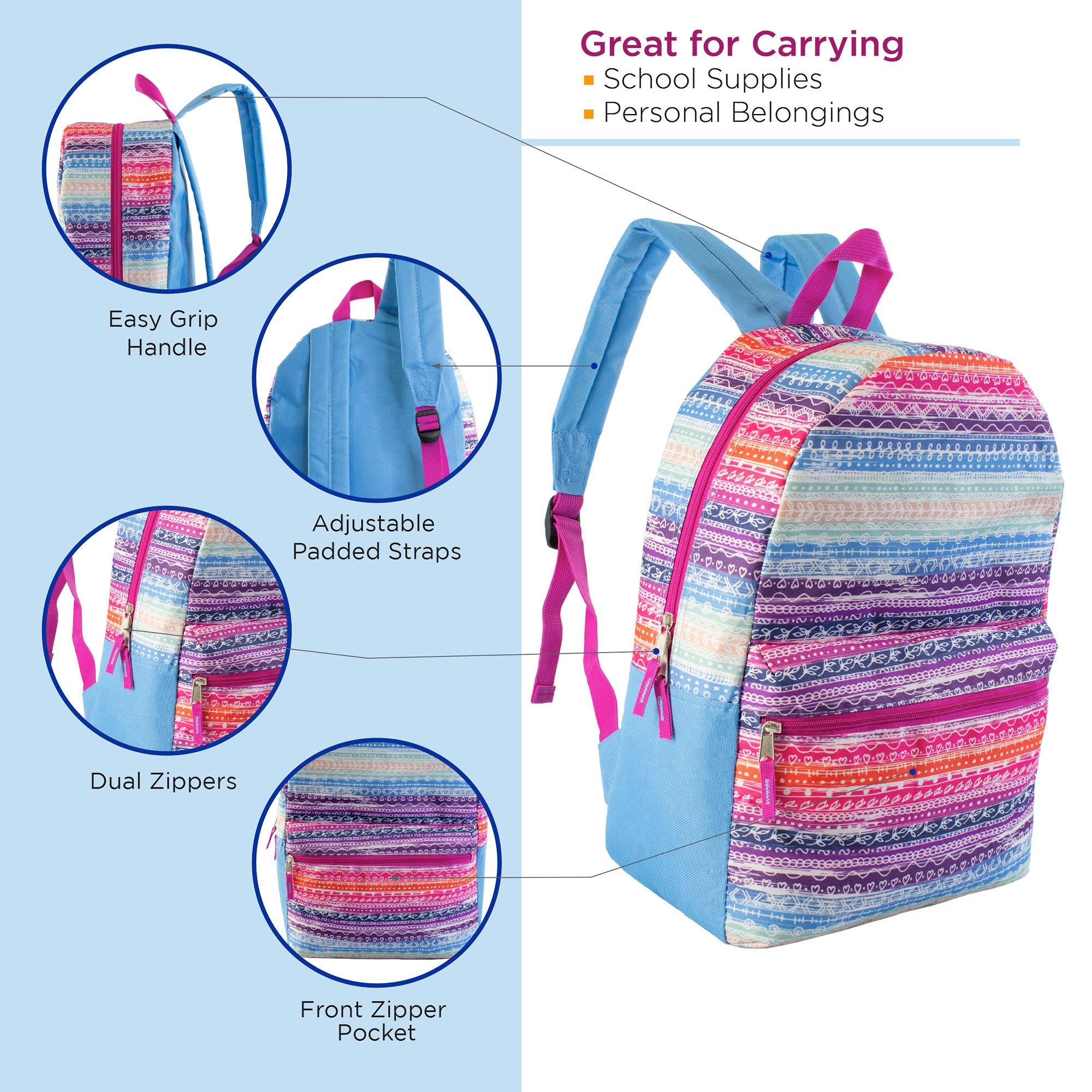 17" Patterned Wholesale Backpacks In 12 Assorted Prints - Bulk Case Of 24 Bookbags