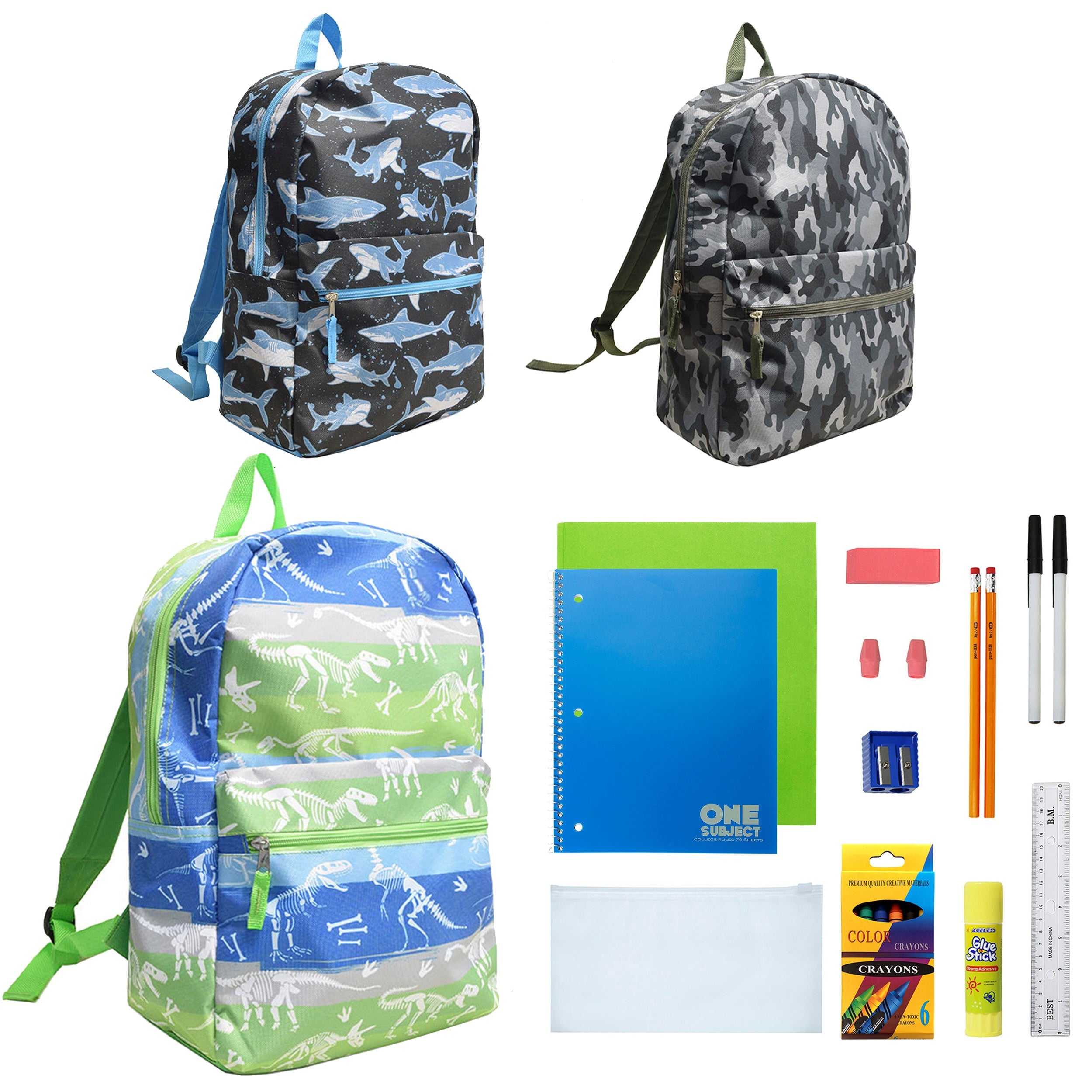 12 Wholesale 17" Character Backpacks for Boys & 12 Bulk School Supply Kits of Your Choice