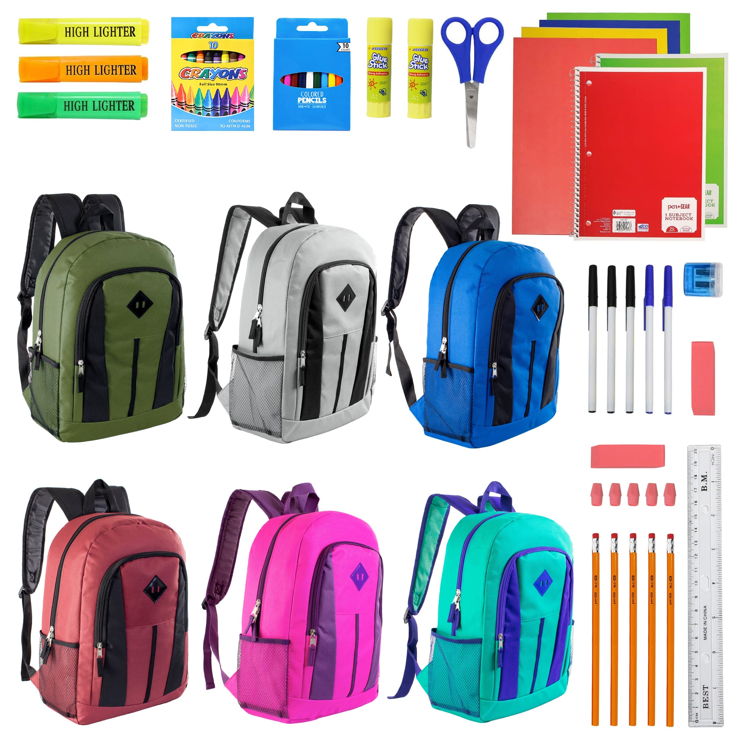 12 Wholesale 17" Diamond Patch Backpacks in 6 Colors & 12 Bulk School Supply Kits of Your Choice