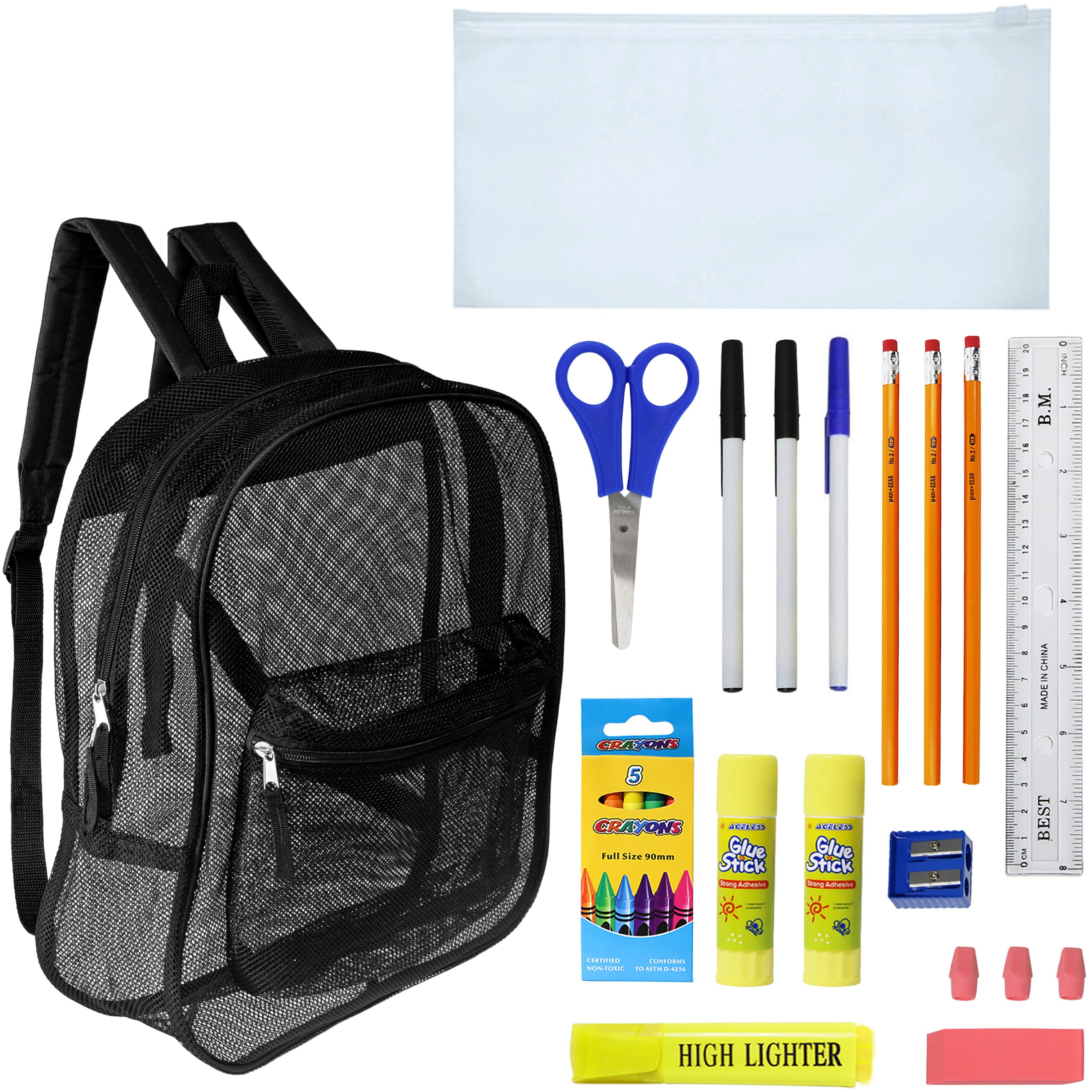 12 Wholesale 17" Mesh Backpacks in Black & 12 Bulk School Supply Kits of Your Choice