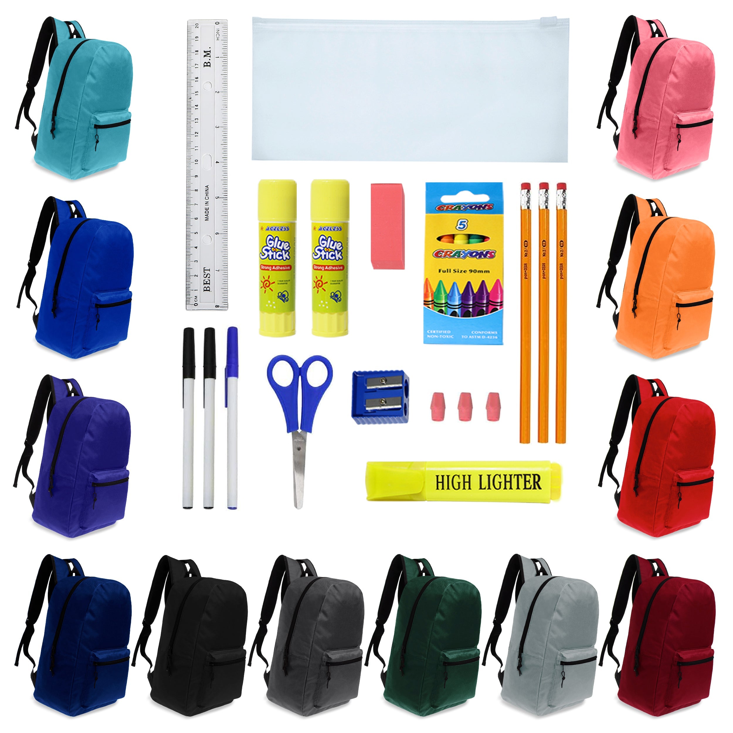 17 Inch Wholesale Backpacks in Assorted Colors with School Supply Kits Bulk - Case of 12