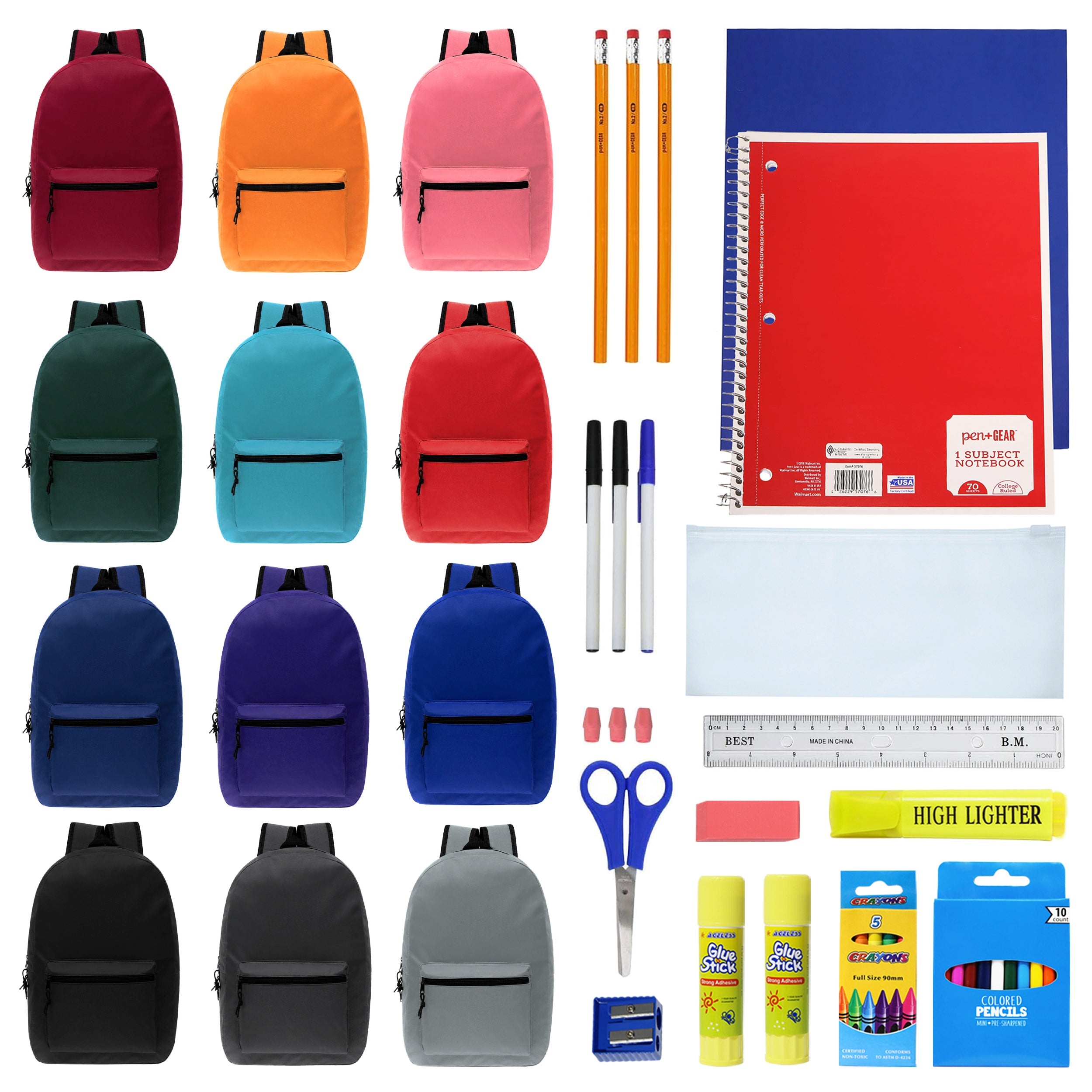 17 Inch Wholesale Backpacks in Assorted Colors with School Supply Kits Bulk - Case of 12