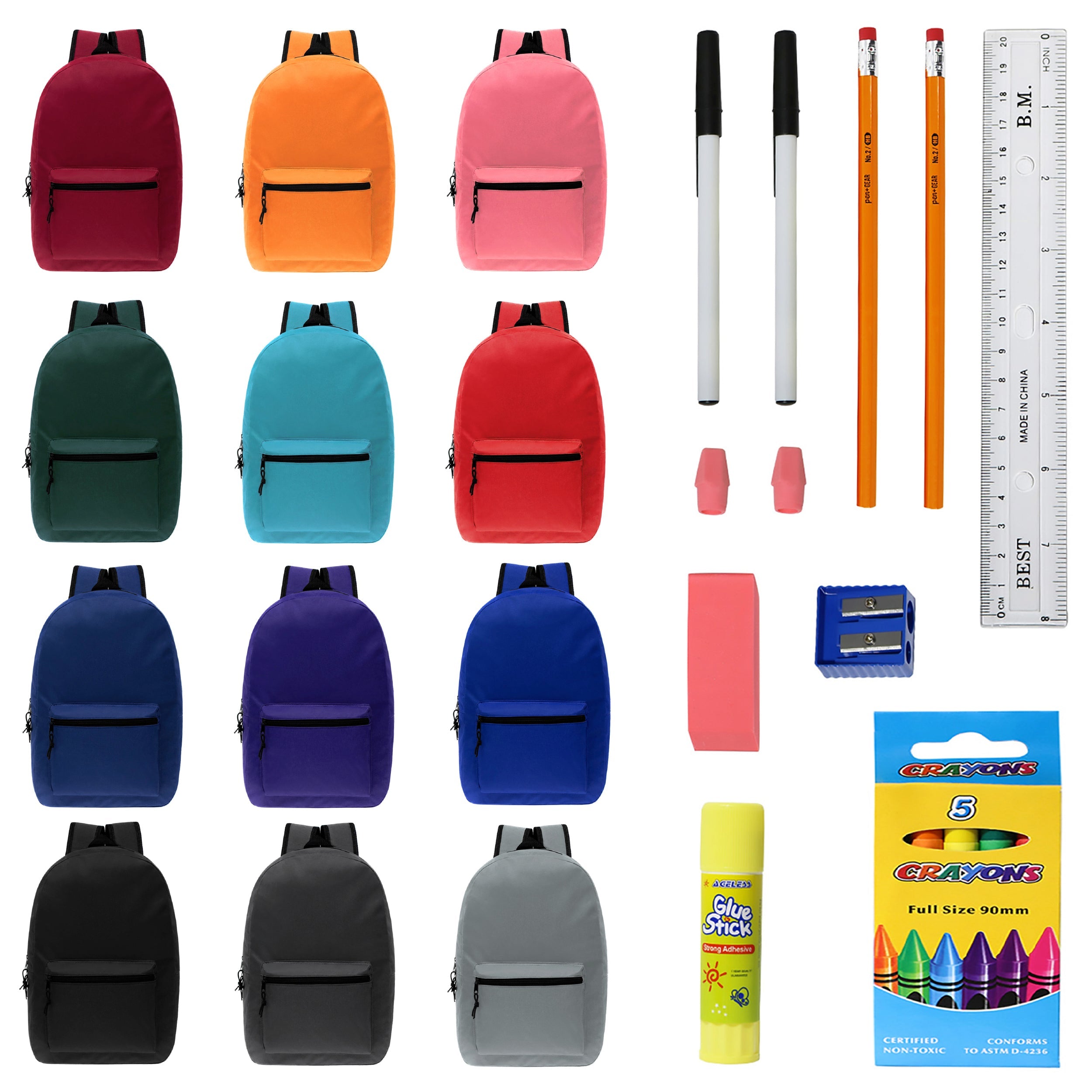 17 Inch Wholesale Backpacks in Assorted Colors with School Supply Kits Bulk - Case of 12