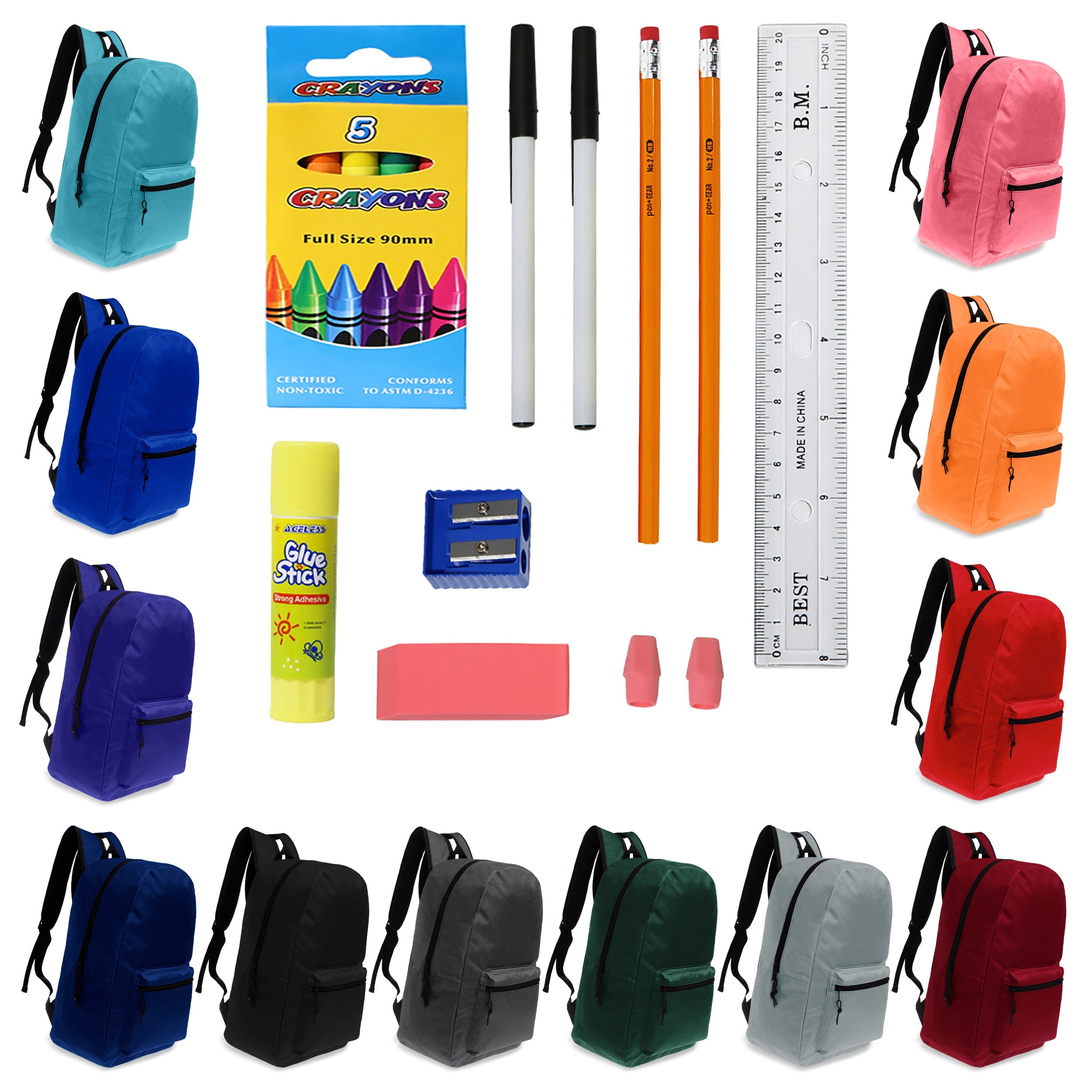 17 Inch Wholesale Backpacks in Assorted Colors with School Supply Kits Bulk - Case of 12