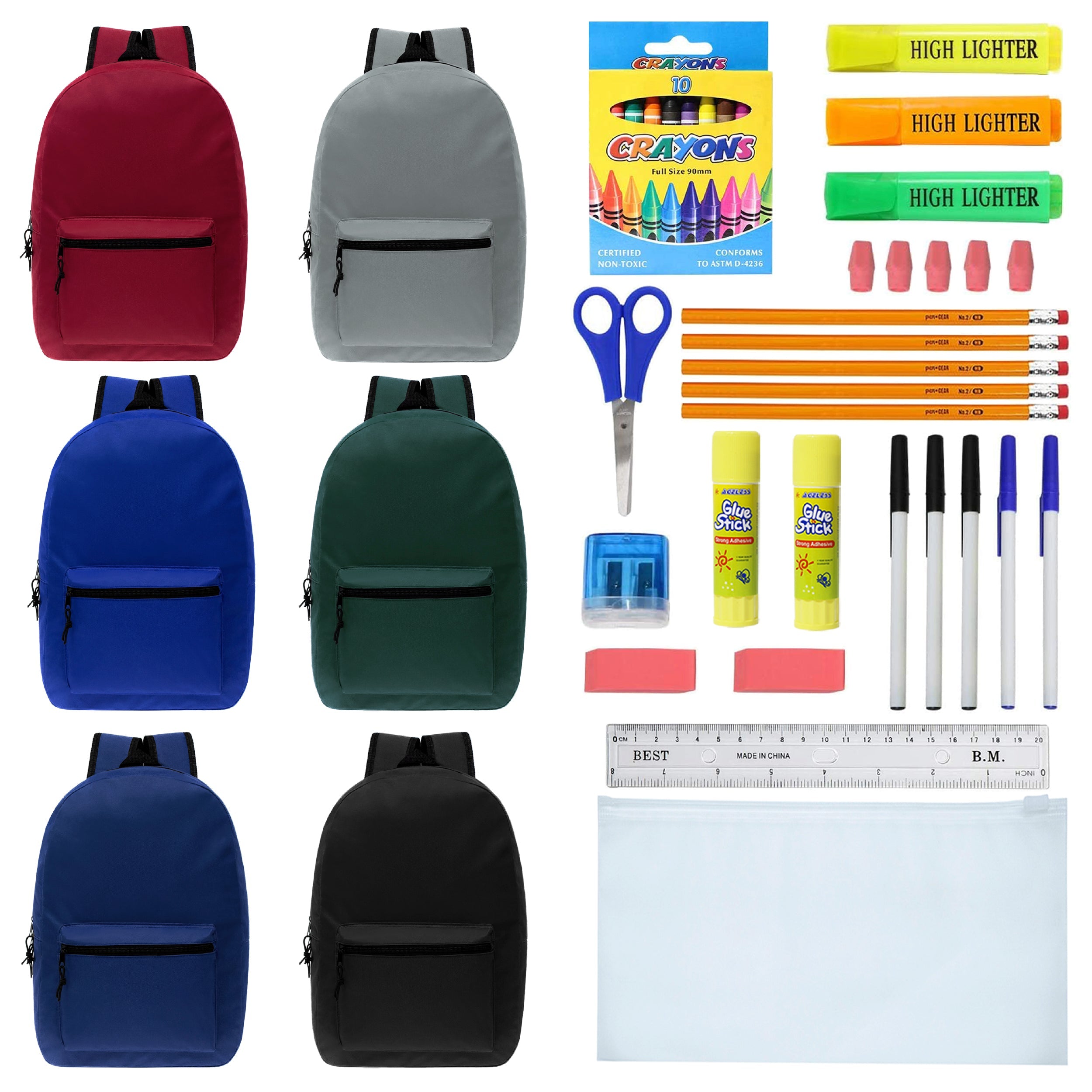 15 Inch Bulk Backpacks in Assorted Colors with School Supply Kits Wholesale - Case of 12