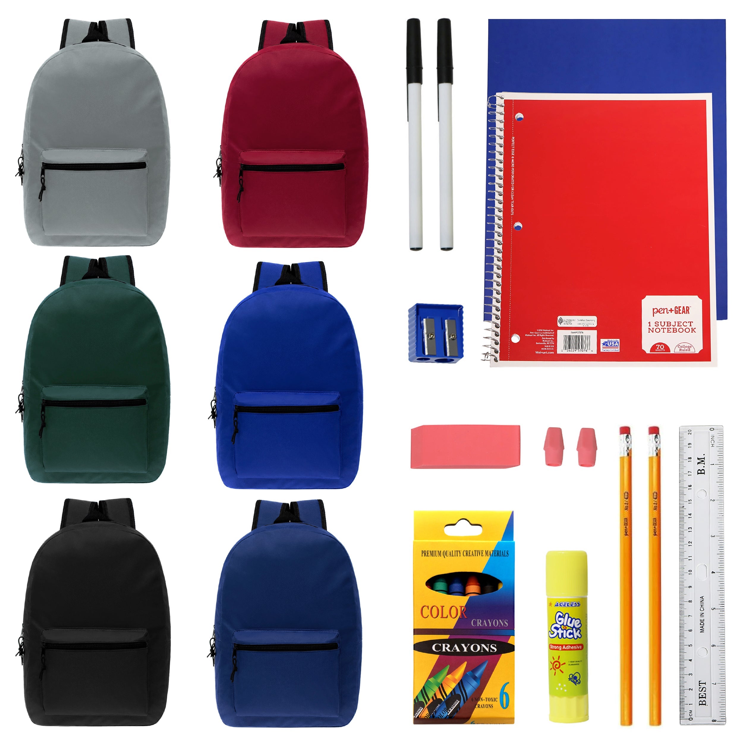 15 Inch Bulk Backpacks in Assorted Colors with School Supply Kits Wholesale - Case of 12