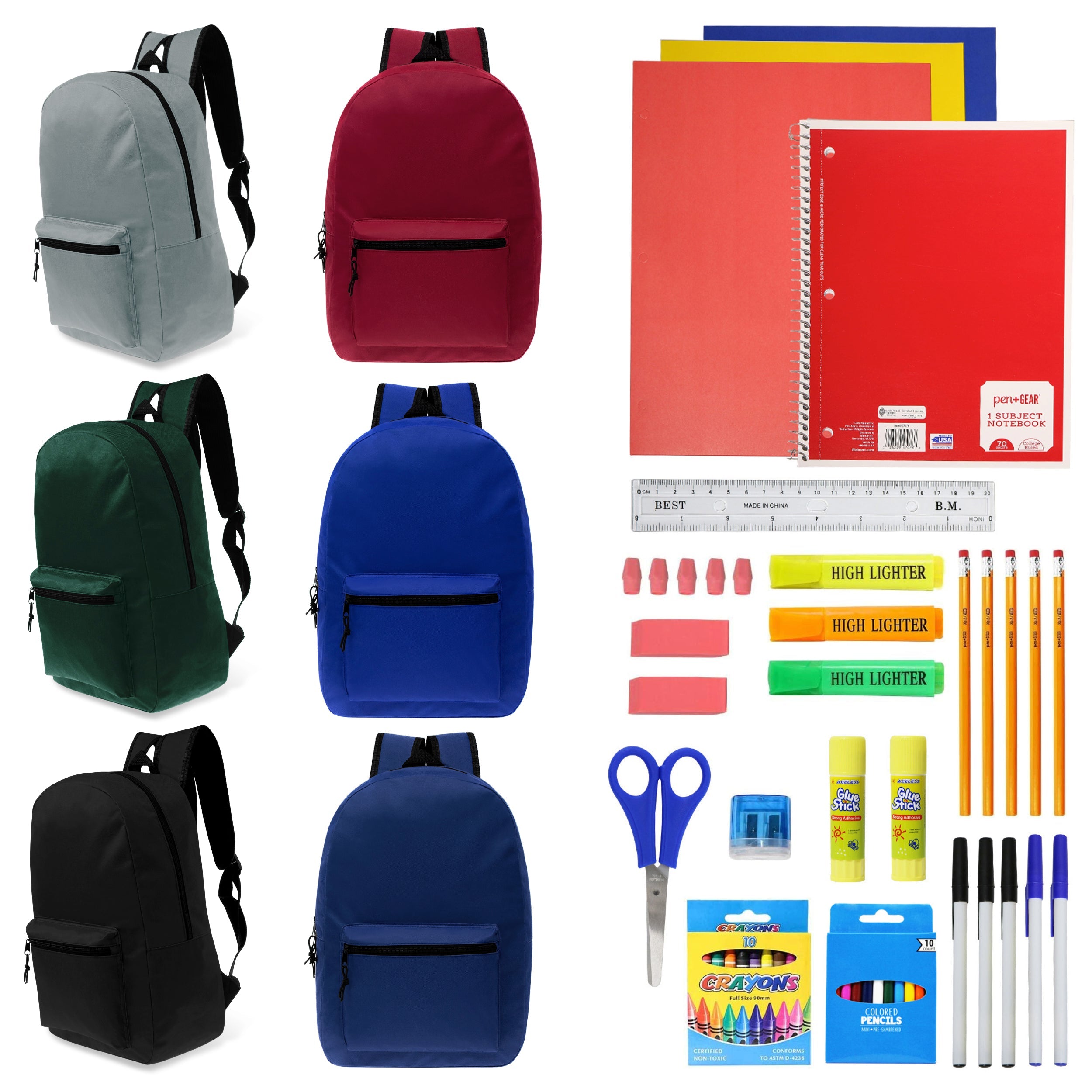 15 Inch Bulk Backpacks in Assorted Colors with School Supply Kits Wholesale - Case of 12