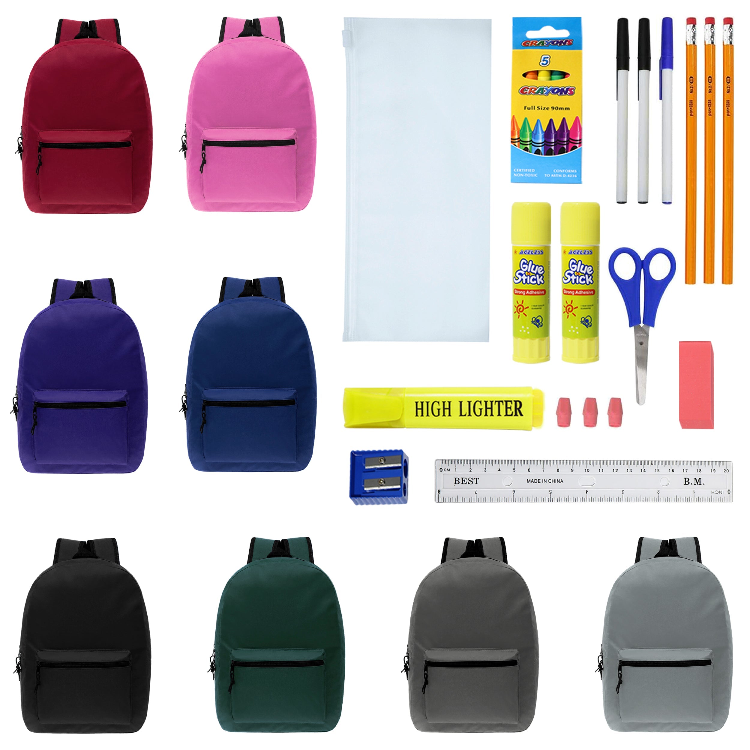 15 Inch Wholesale Backpacks in Assorted Colors with School Supply Kits Bulk - Kit of 12