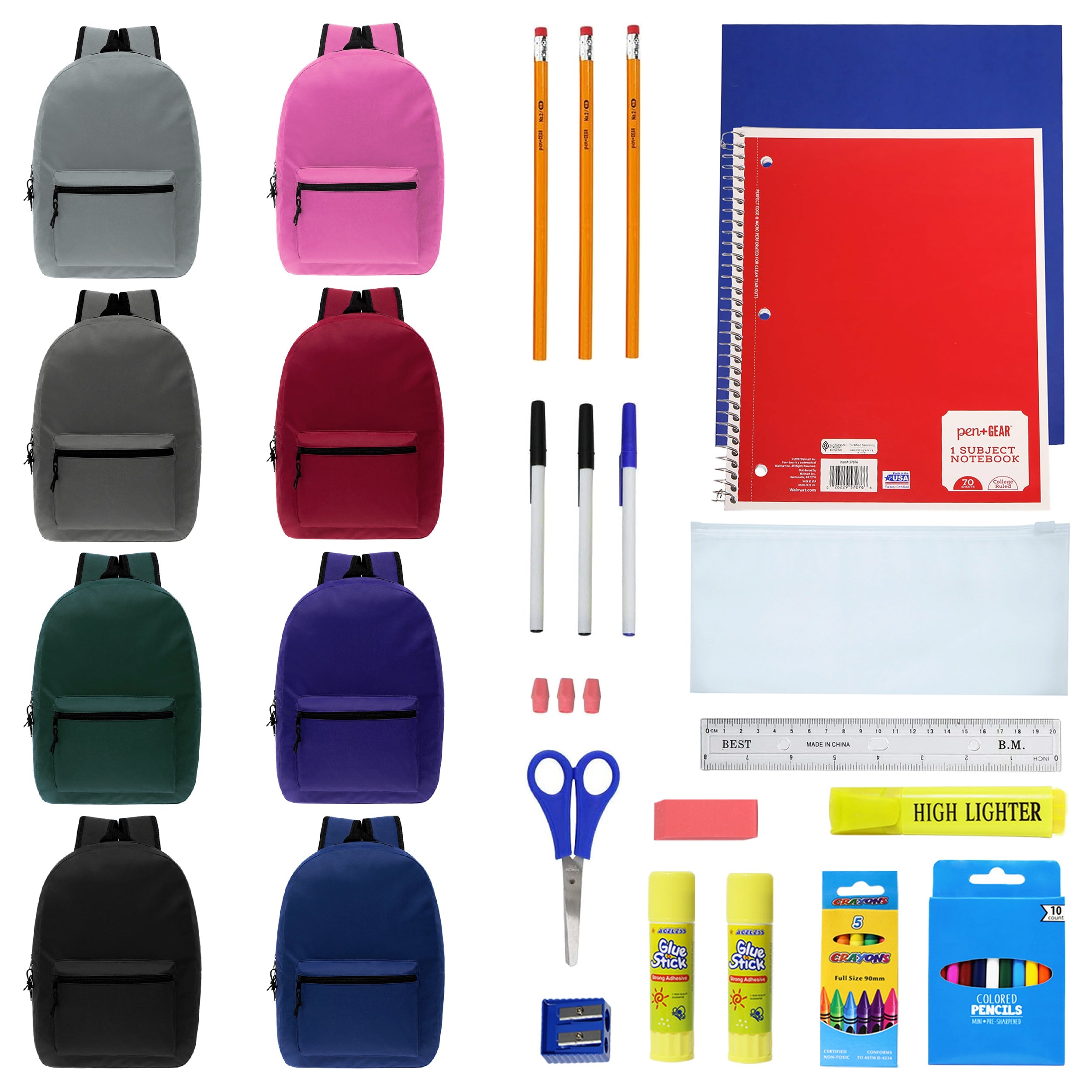 15 Inch Wholesale Backpacks in Assorted Colors with School Supply Kits Bulk - Kit of 12