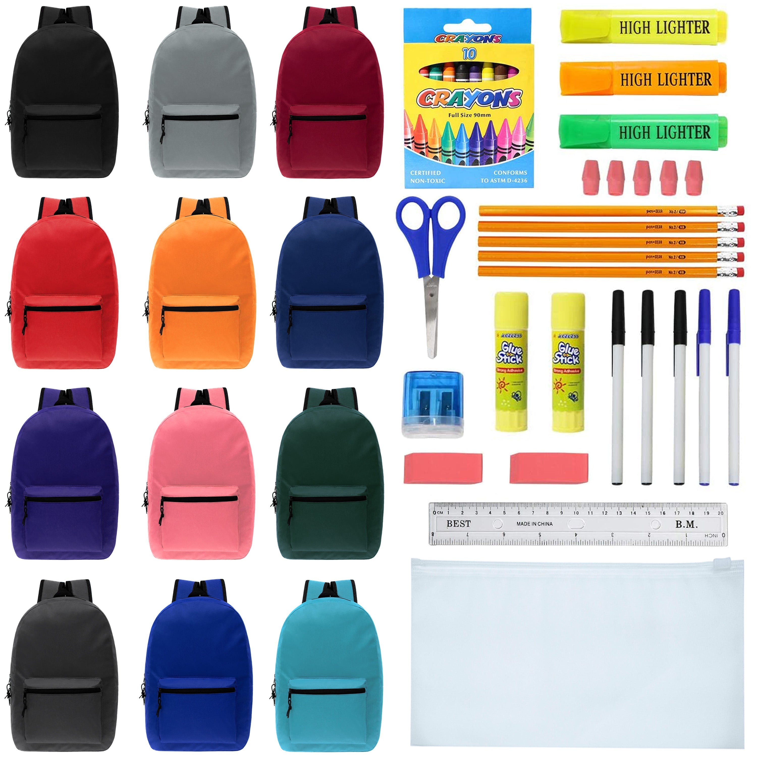 17 Inch Wholesale Backpacks in Assorted Colors with School Supply Kits Bulk - Case of 12