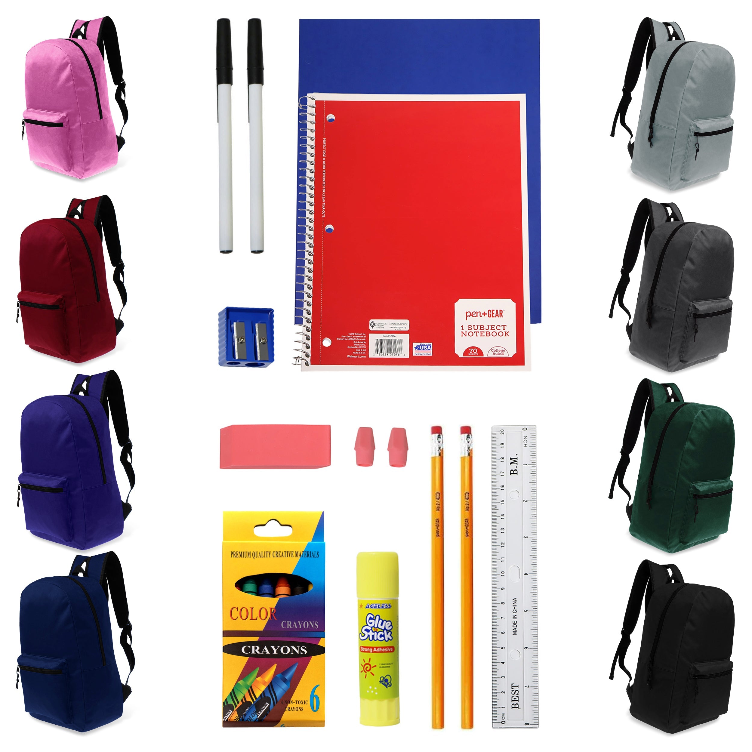 12 Basic 17" Wholesale Backpacks in 8 Assorted Colors & 12 Bulk School Supply Kits of Your Choice