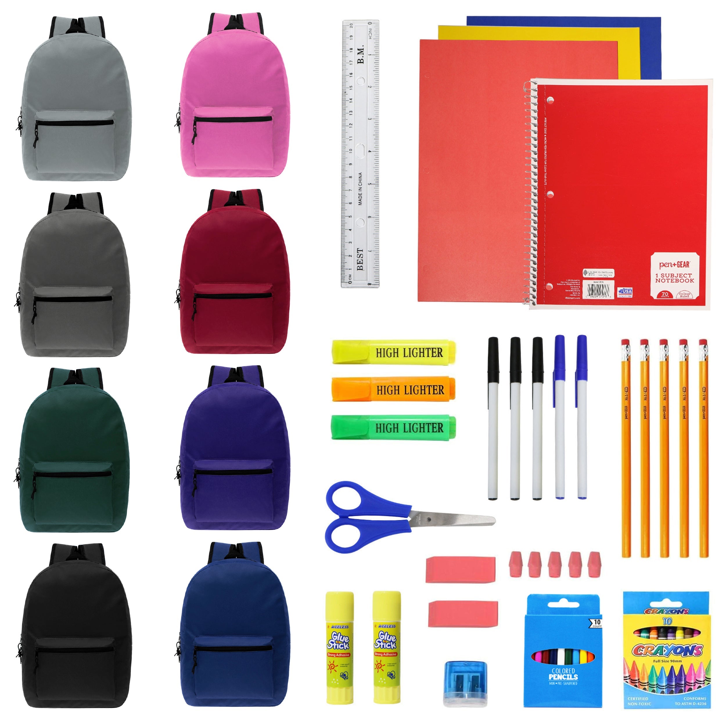 15 Inch Wholesale Backpacks in Assorted Colors with School Supply Kits Bulk - Kit of 12
