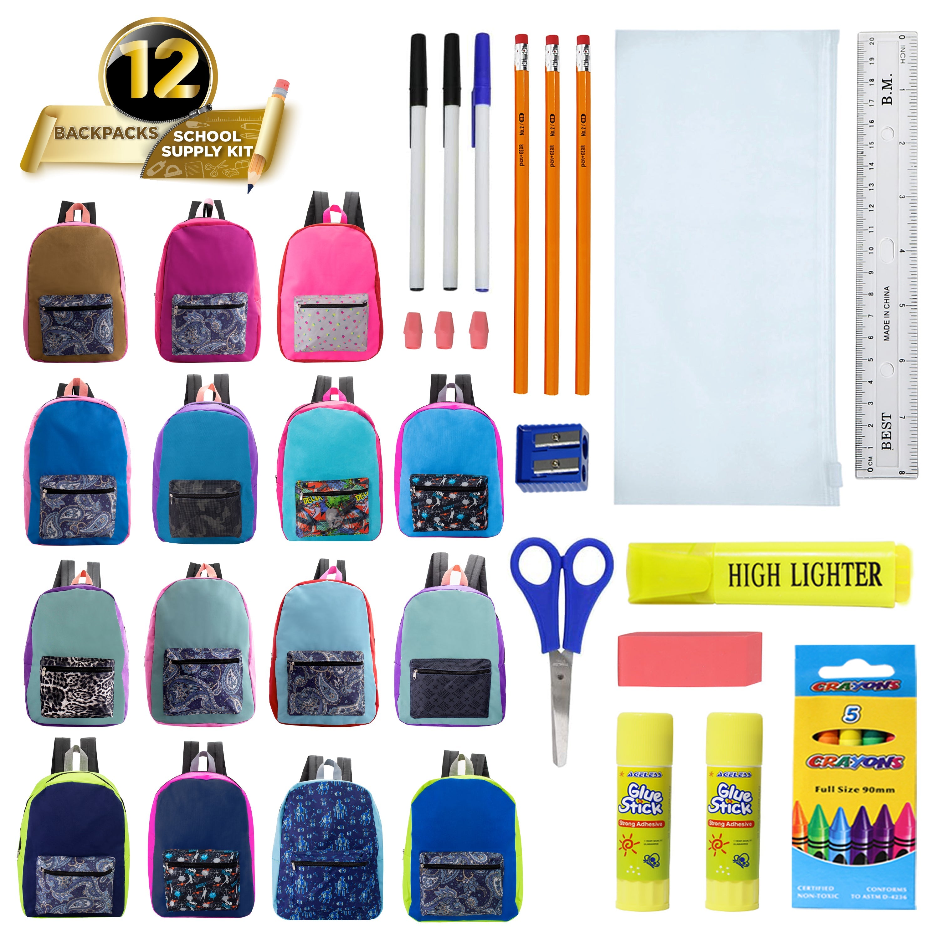 12 Wholesale 17" Backpacks in Random Assorted Prints and 12 Bulk School Supply Kits of Your Choice