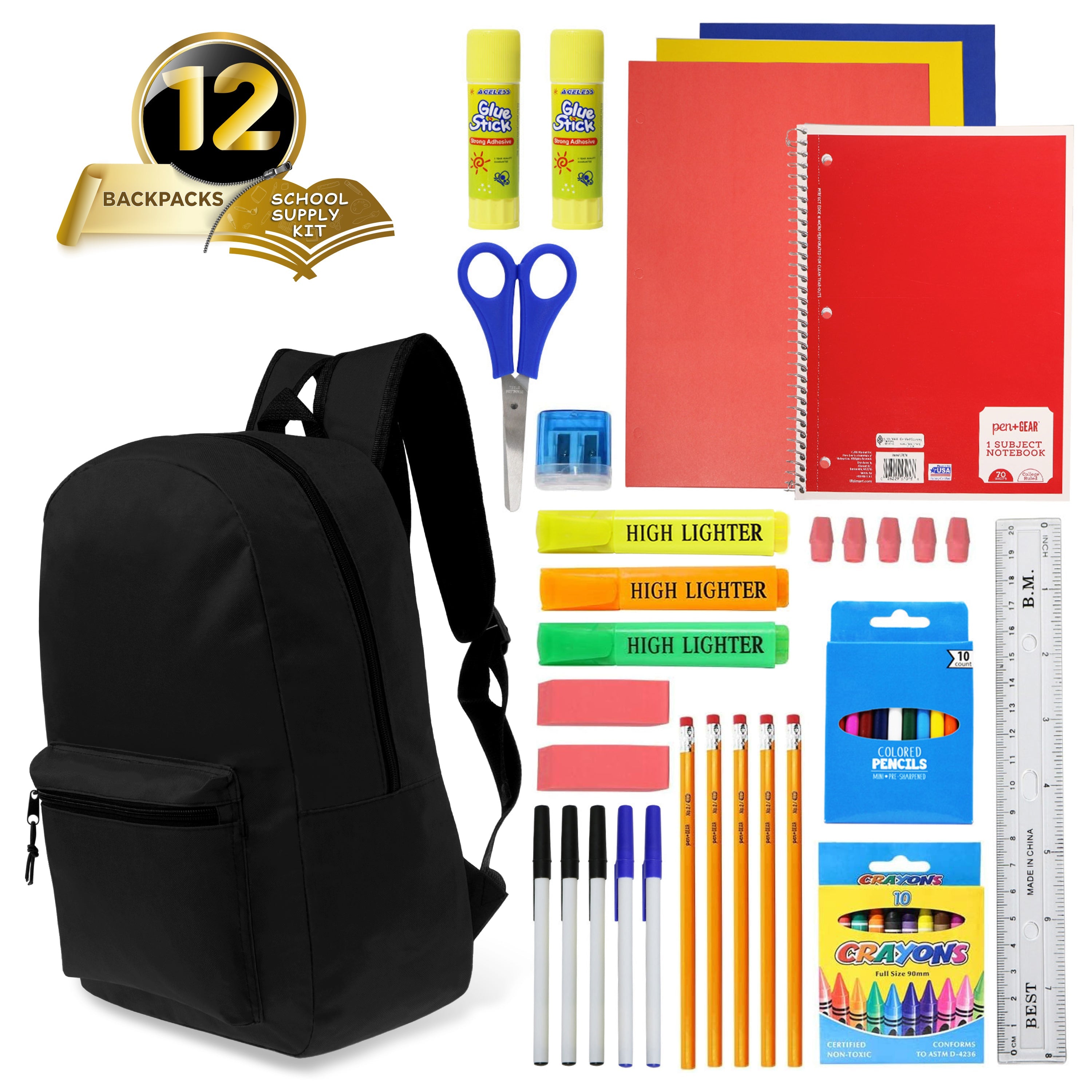 17 inches School Backpacks for Kids In Black Color Bulk School Supplies - Kit Case Of 12