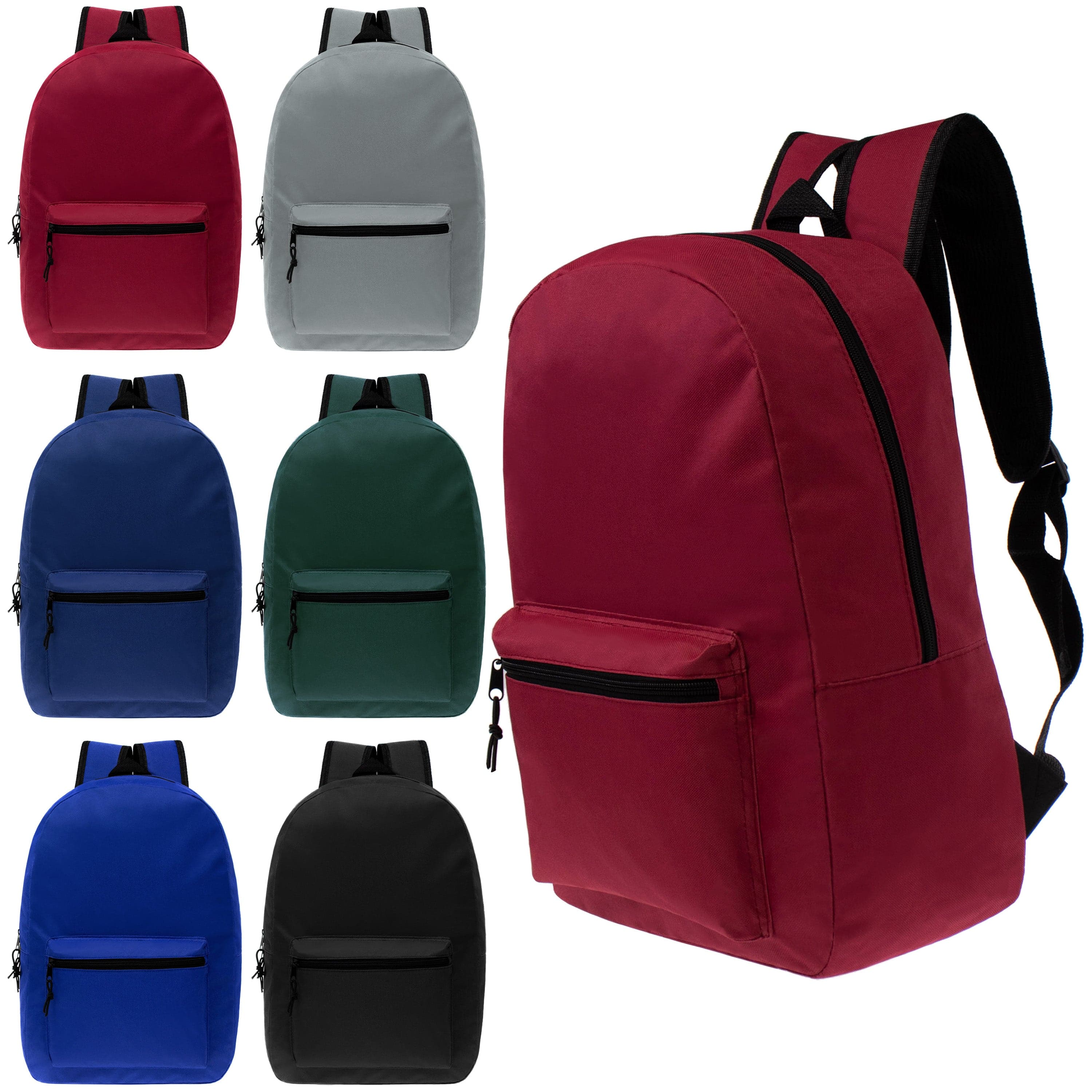 15" Kids Basic Wholesale Backpack in 6 Colors - Bulk Case of 24