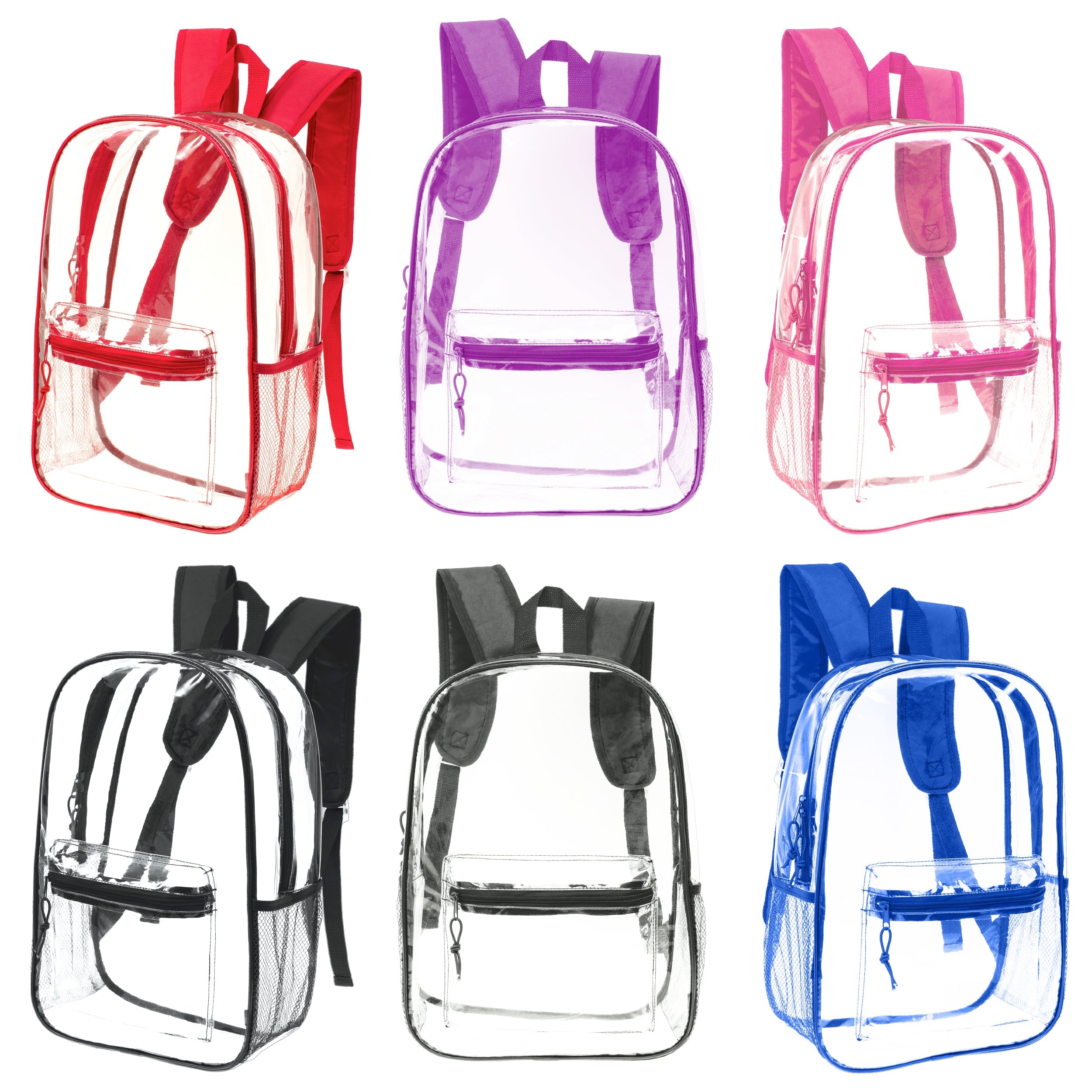 12 Clear Wholesale 17" Backpacks in Assorted Colors and 12 Bulk School Supply Kits of Your Choice