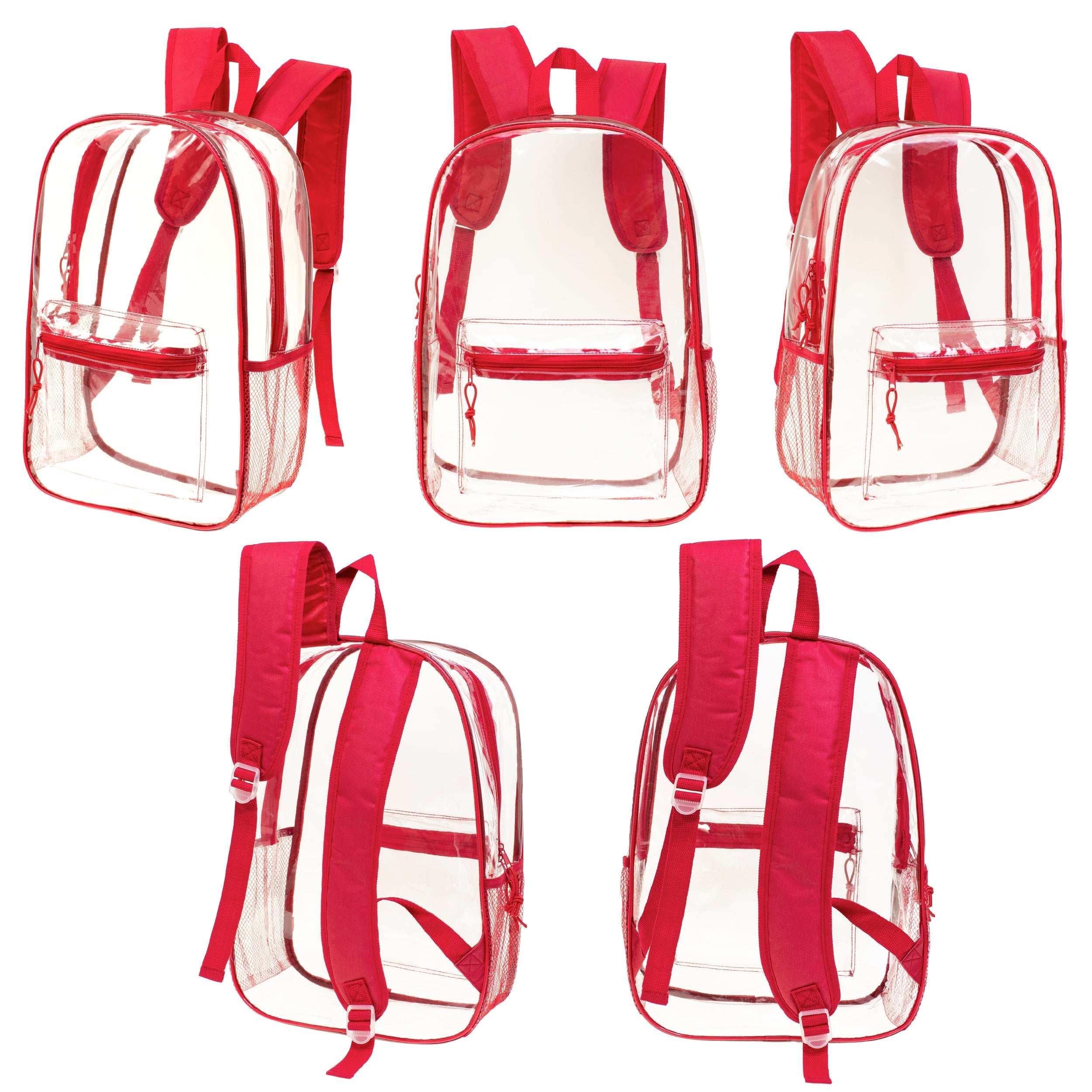 17" Transparent Wholesale Backpack in Assorted Colors With Side Pocket - Bulk Case of 24