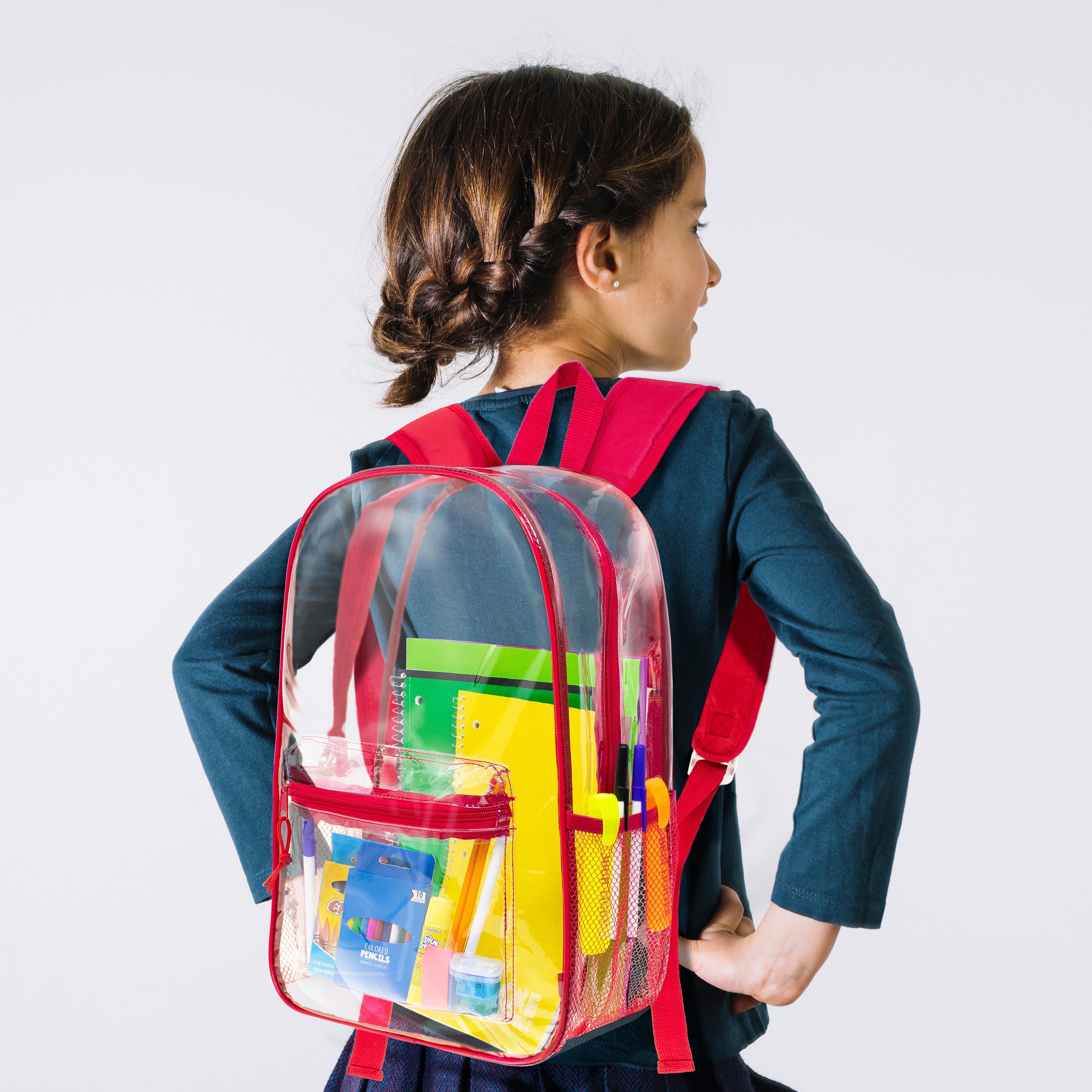 12 Clear Wholesale 17" Backpacks in Assorted Colors and 12 Bulk School Supply Kits of Your Choice