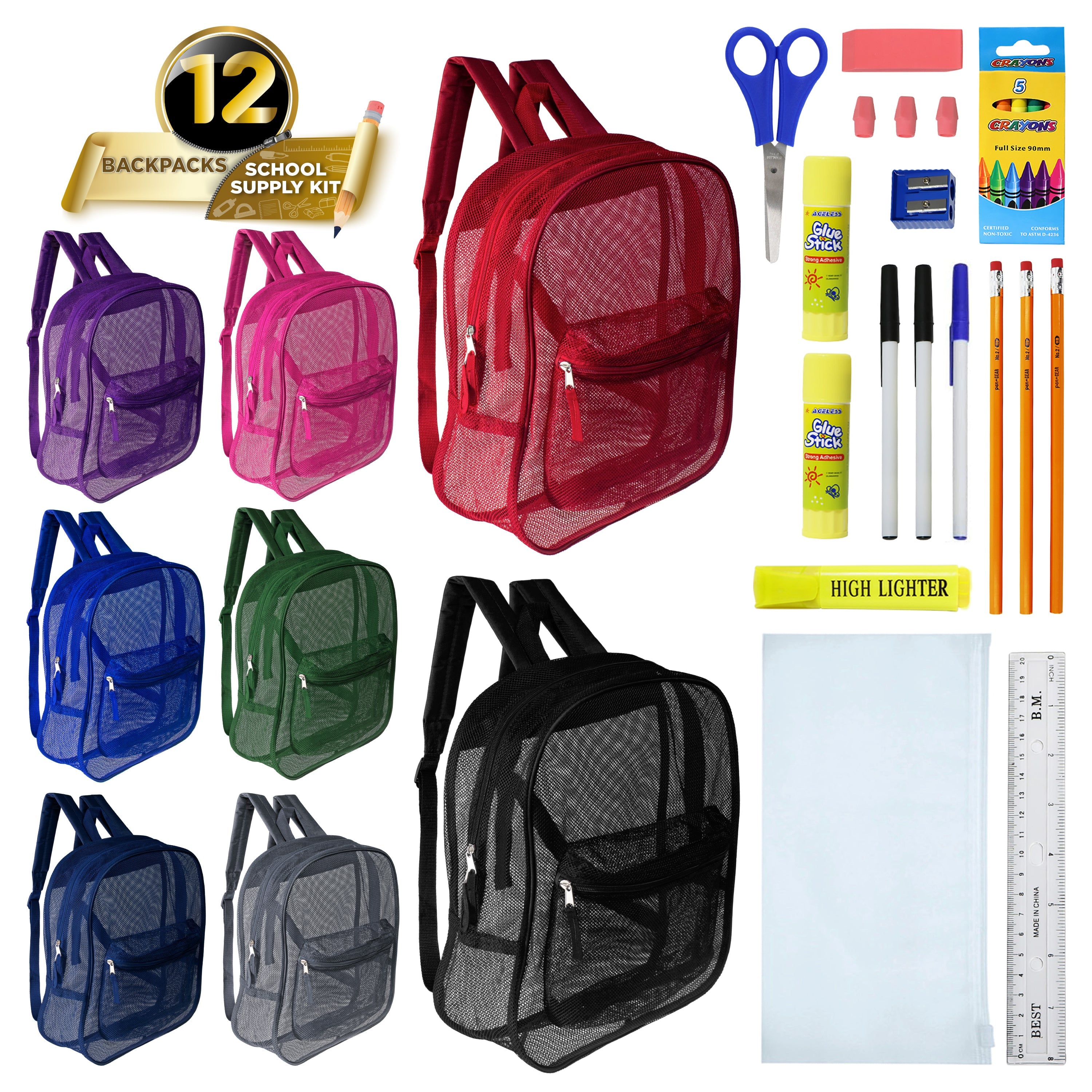 12 Wholesale 17" Mesh Backpacks in Assorted Colors & 12 Bulk School Supply Kits of Your Choice