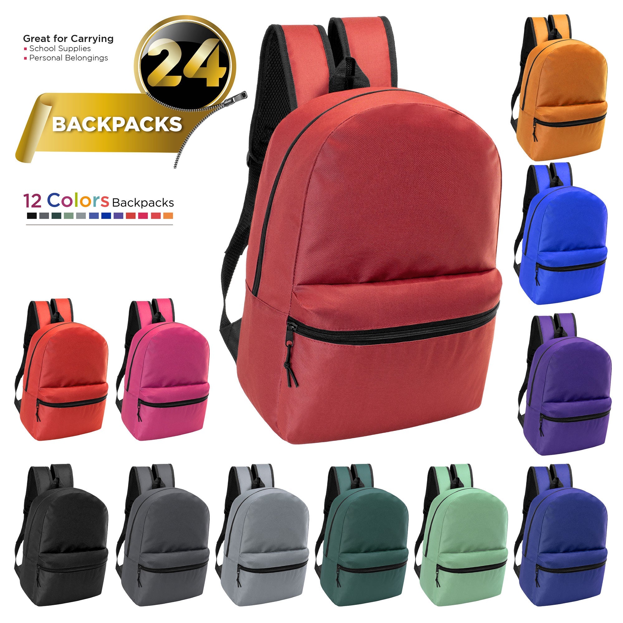 18.5" Basic Wholesale Backpack in 12 Colors - Bulk Case of 24