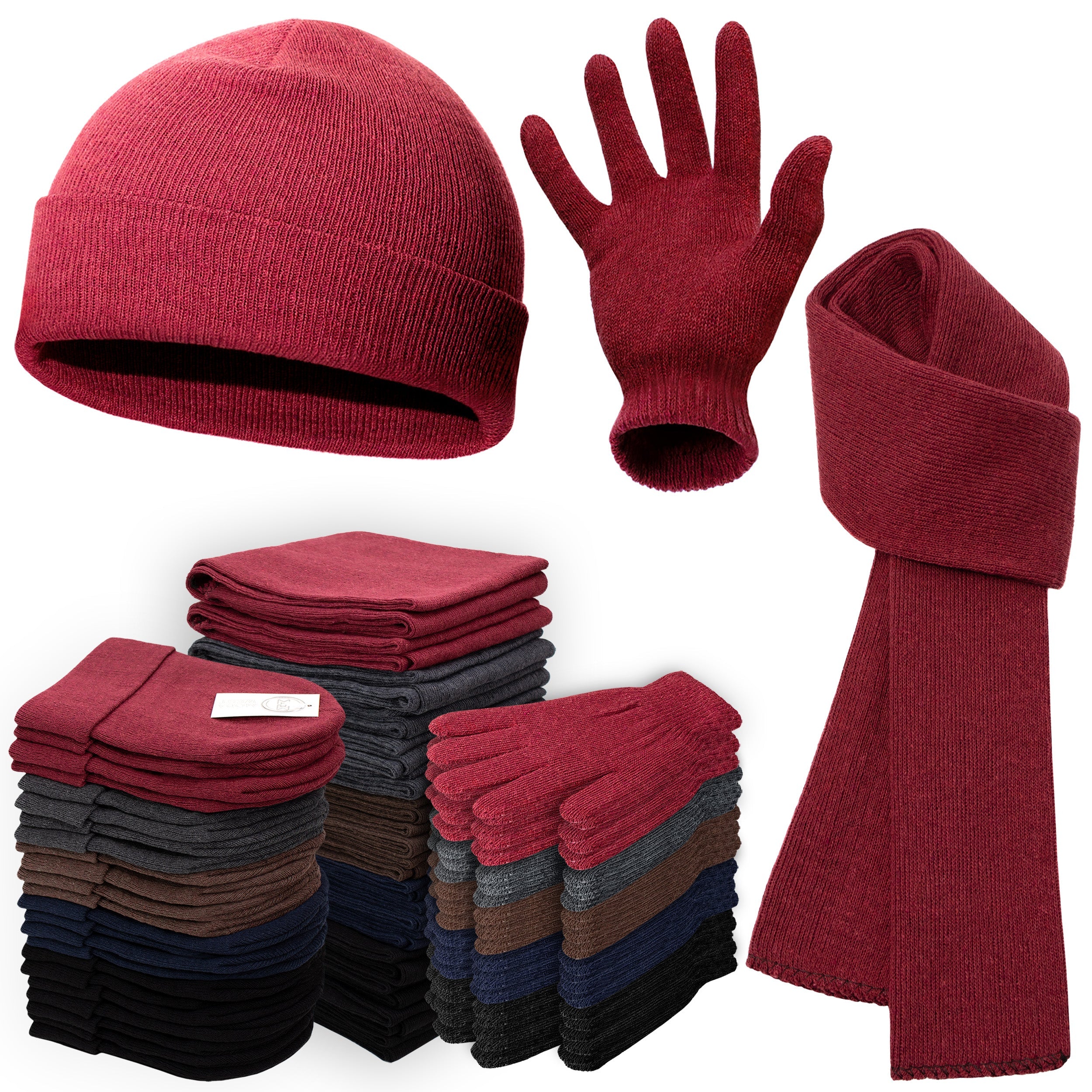 24 Set Wholesale Beanie, Glove and Scarf Bundle in 5 Assorted Colors - Bulk Case of 24 Beanies, 24 Pairs of Gloves, 24 Scarves