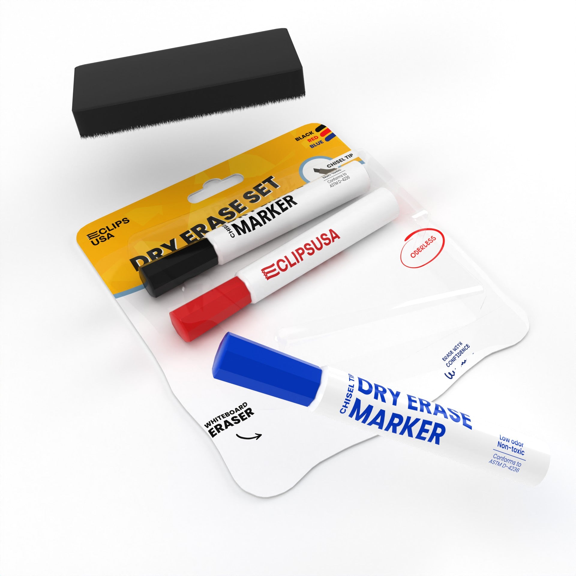 Wholesale Dry Erase Markers - Set Of 3  Chisel-Tip Markers w/Eraser in Assorted Colors - Bulk Case of 40 Sets