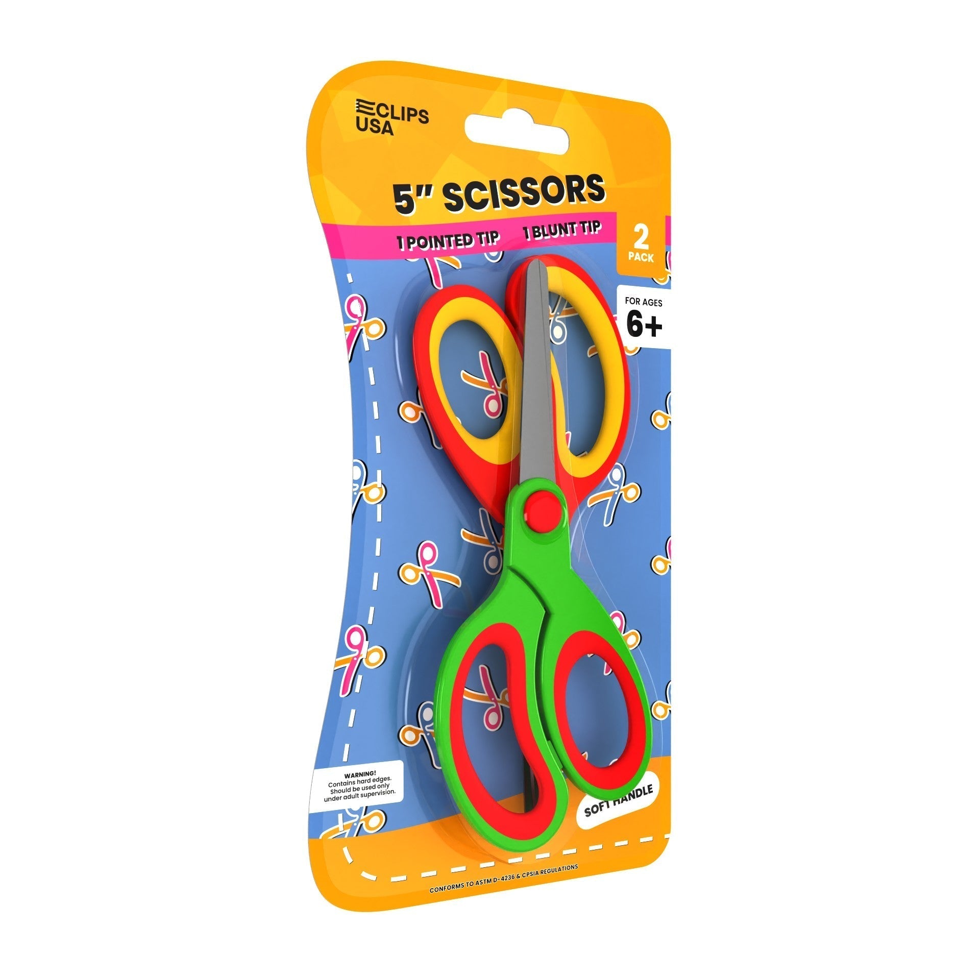 Kids Scissors - 1 Blunt Tip & 1 Pointed Tip, 6 Inches, Assorted Colors, 2 Pack