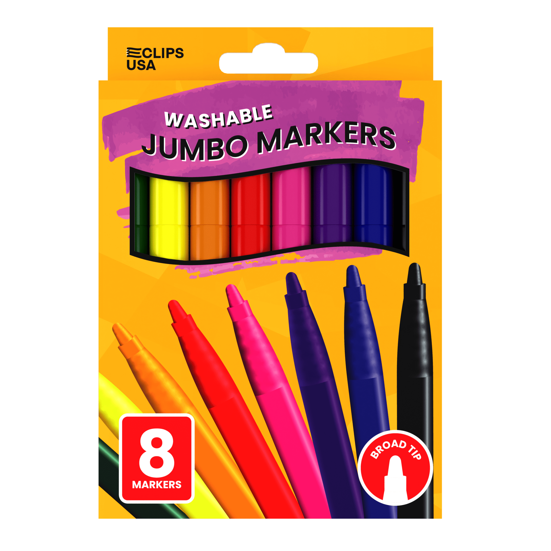 Wholesale Jumbo Washable Markers - 8 Pack Broad Tip Assorted Colors - Bulk Case of 48 Packs