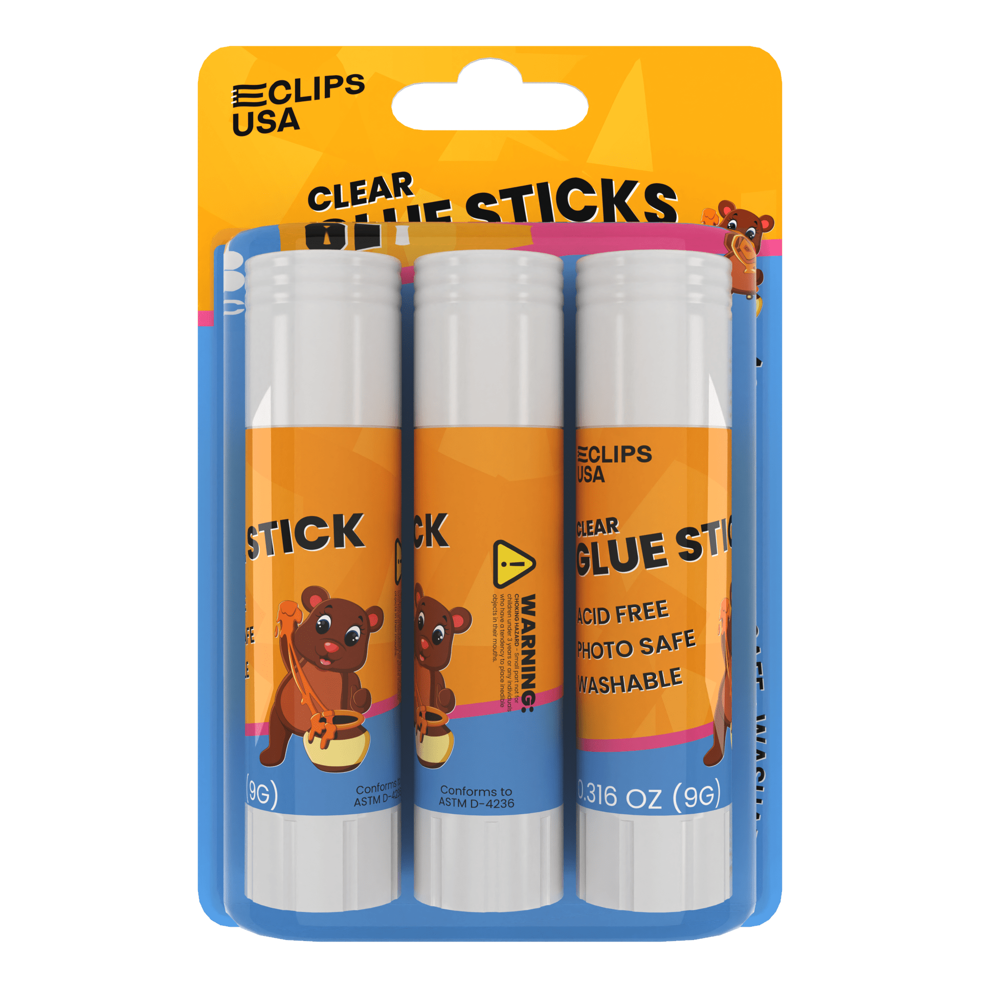 Front facing image of Clear Glue Sticks.
