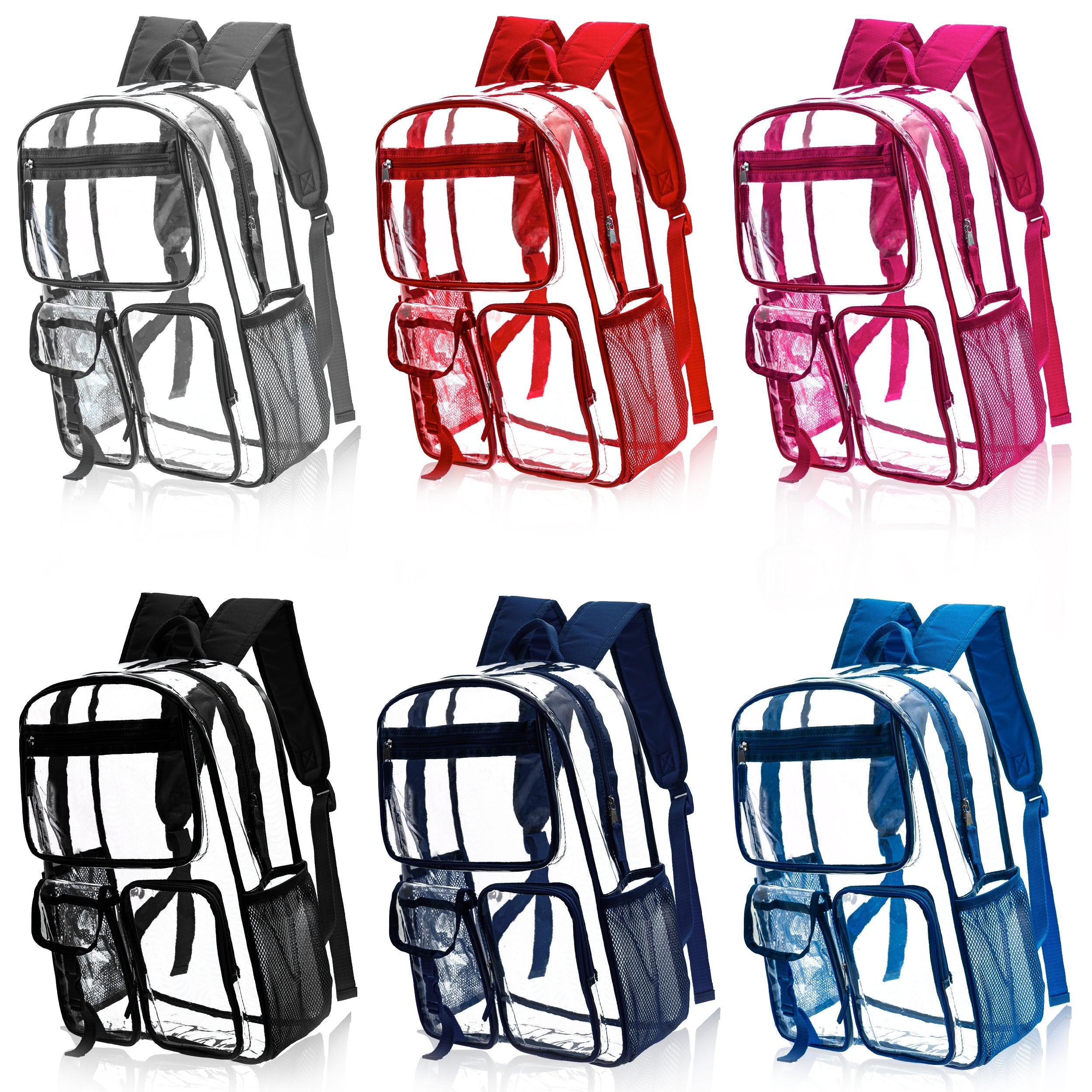17" Premium Wholesale Clear Backpacks Assorted Colors - Bulk Case of 24 Transparent Bookbags