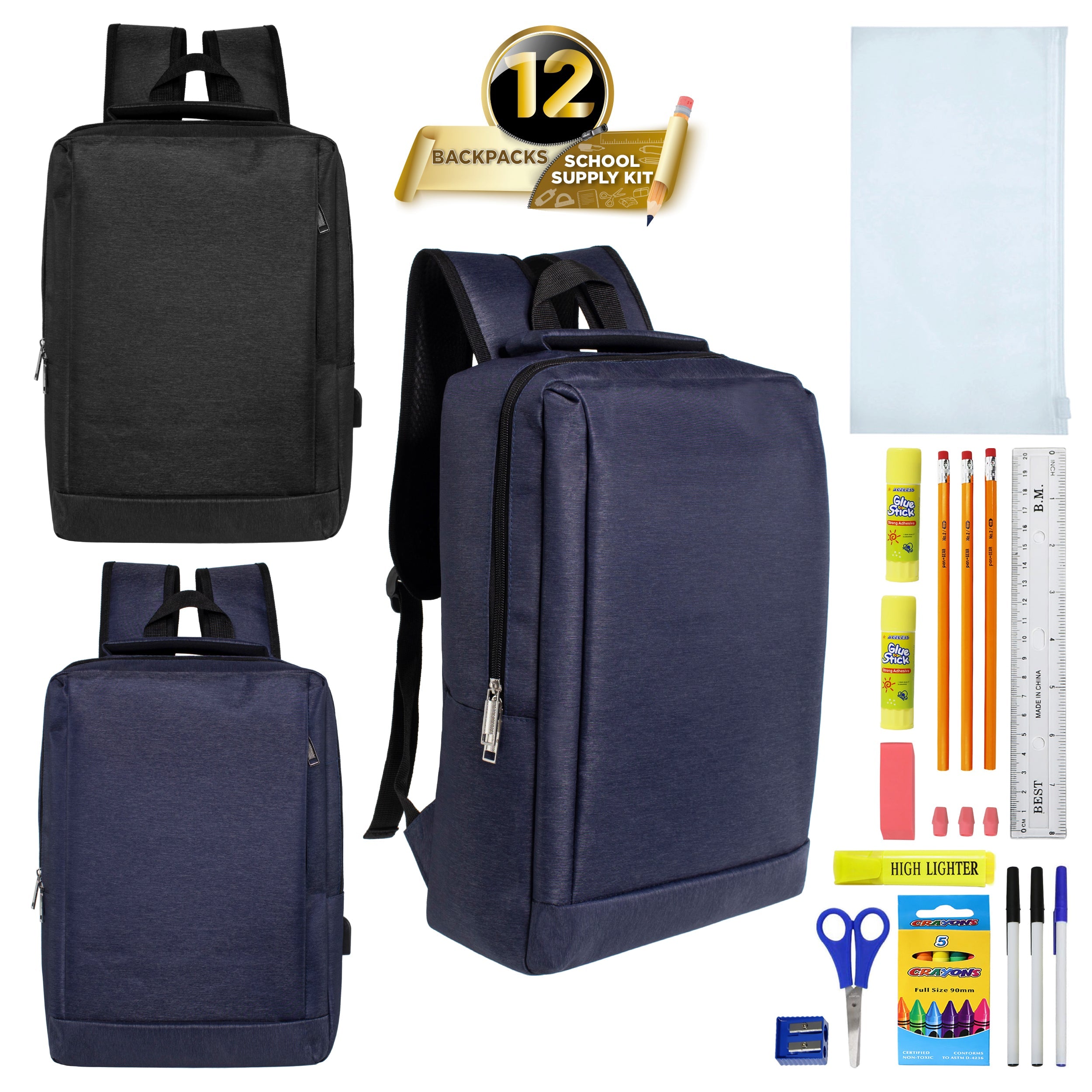 12 Wholesale 18" Premium Backpacks in Two Colors & 12 Bulk School Supply Kits of Your Choice