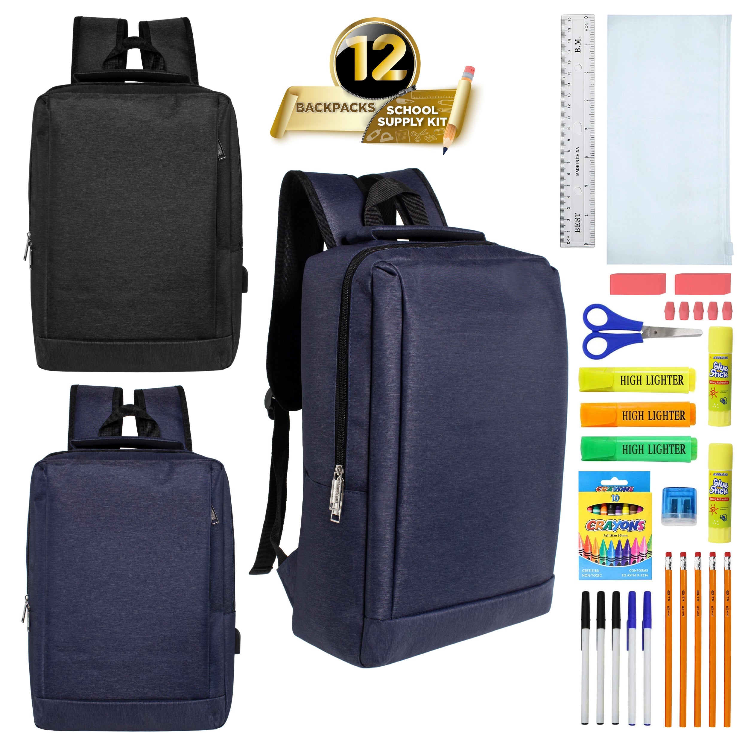 12 Wholesale 18" Premium Backpacks in Two Colors & 12 Bulk School Supply Kits of Your Choice