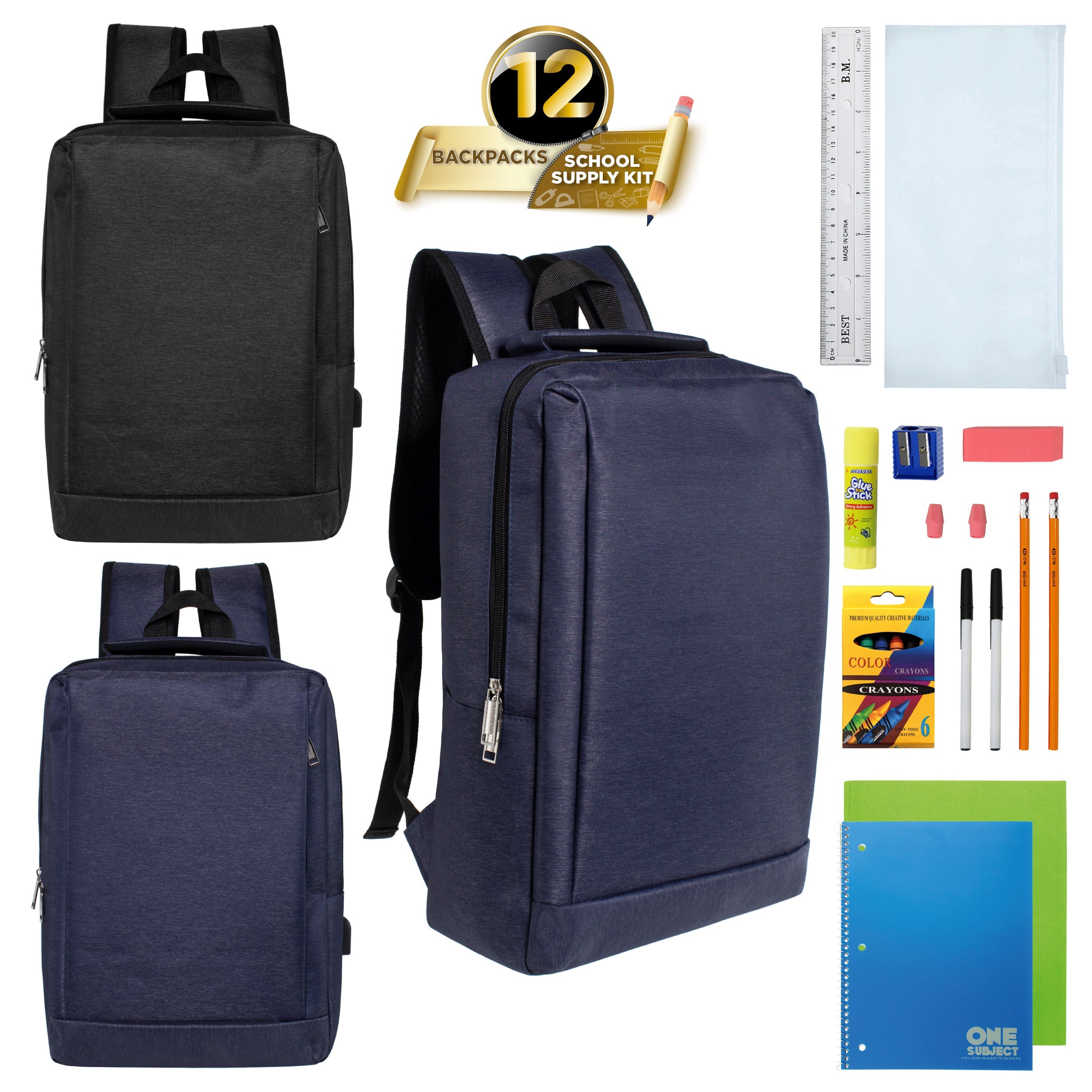 12 Wholesale 18" Premium Backpacks in Two Colors & 12 Bulk School Supply Kits of Your Choice