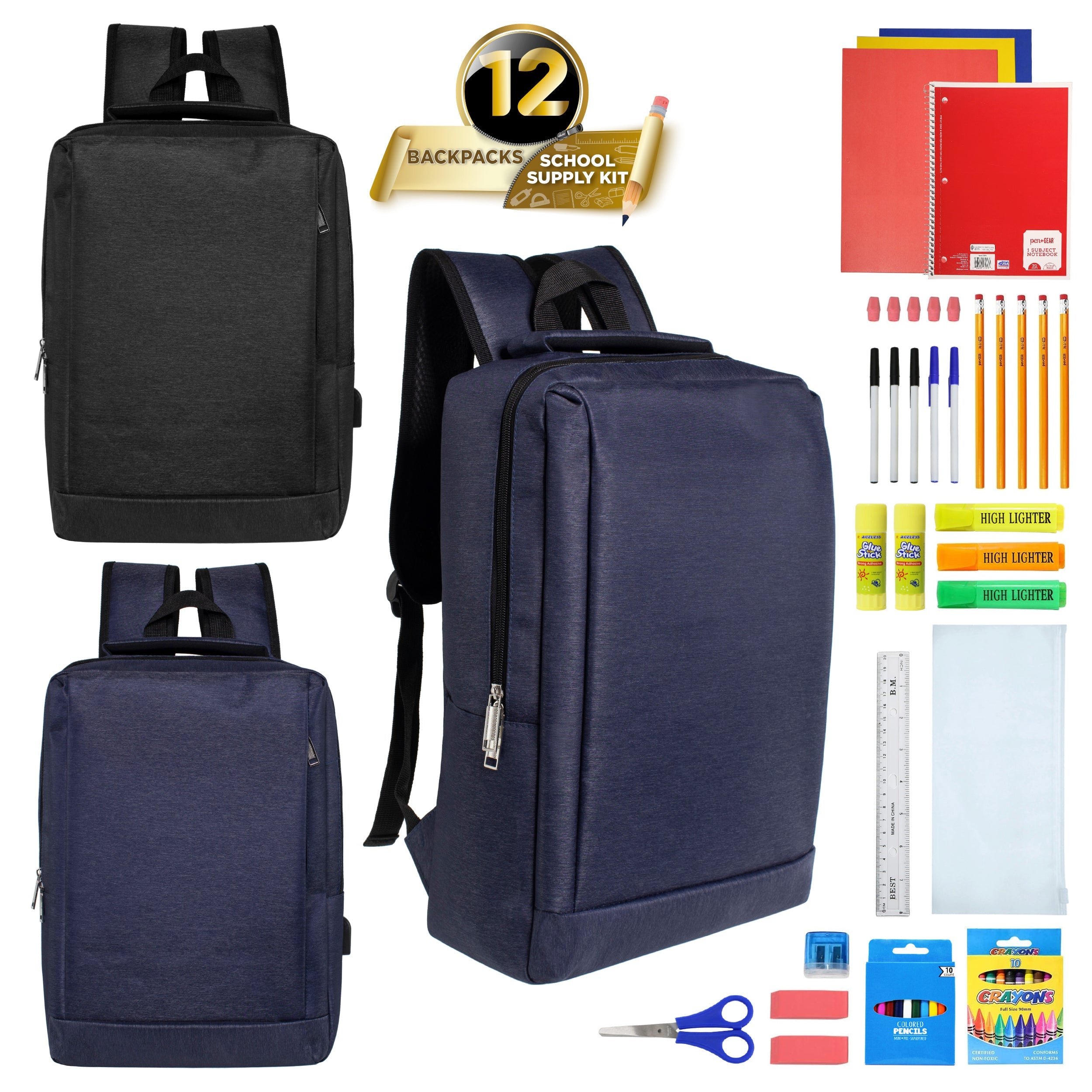 12 Wholesale 18" Premium Backpacks in Two Colors & 12 Bulk School Supply Kits of Your Choice