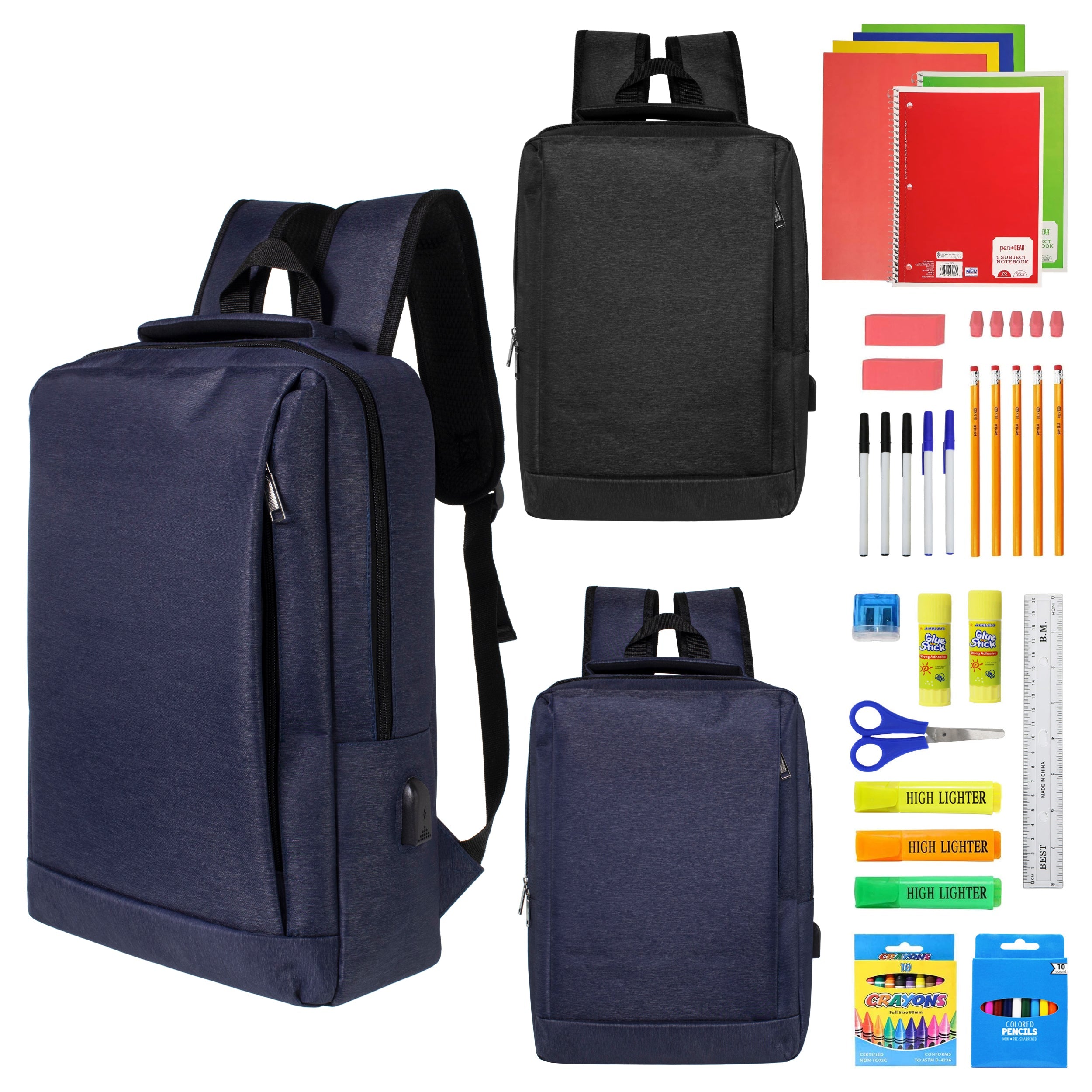 12 Wholesale 18" Premium Backpacks in Two Colors & 12 Bulk School Supply Kits of Your Choice